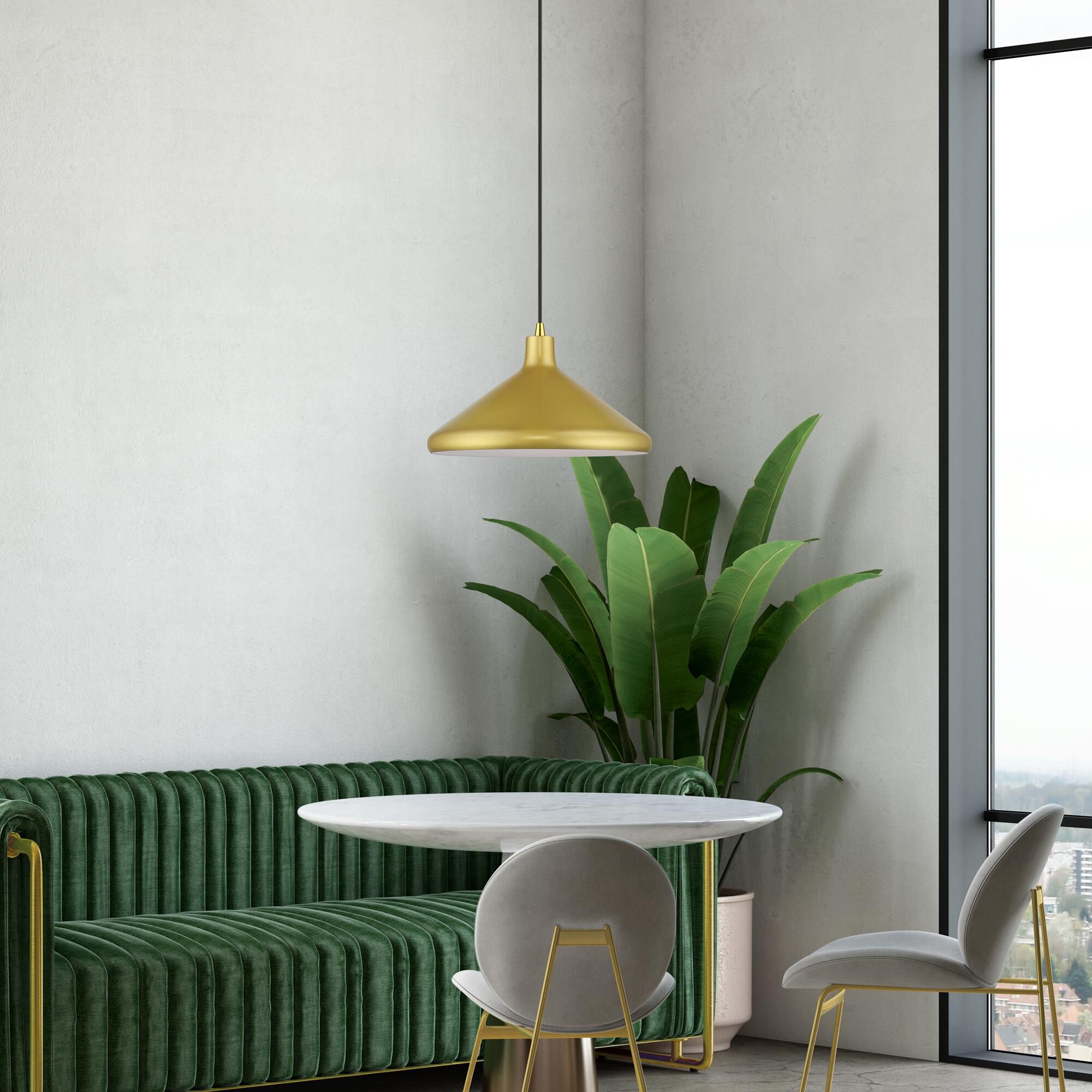 Shown in Soft Gold with Polished Brass Accents finish and Soft Gold Aluminum with White Inside shade