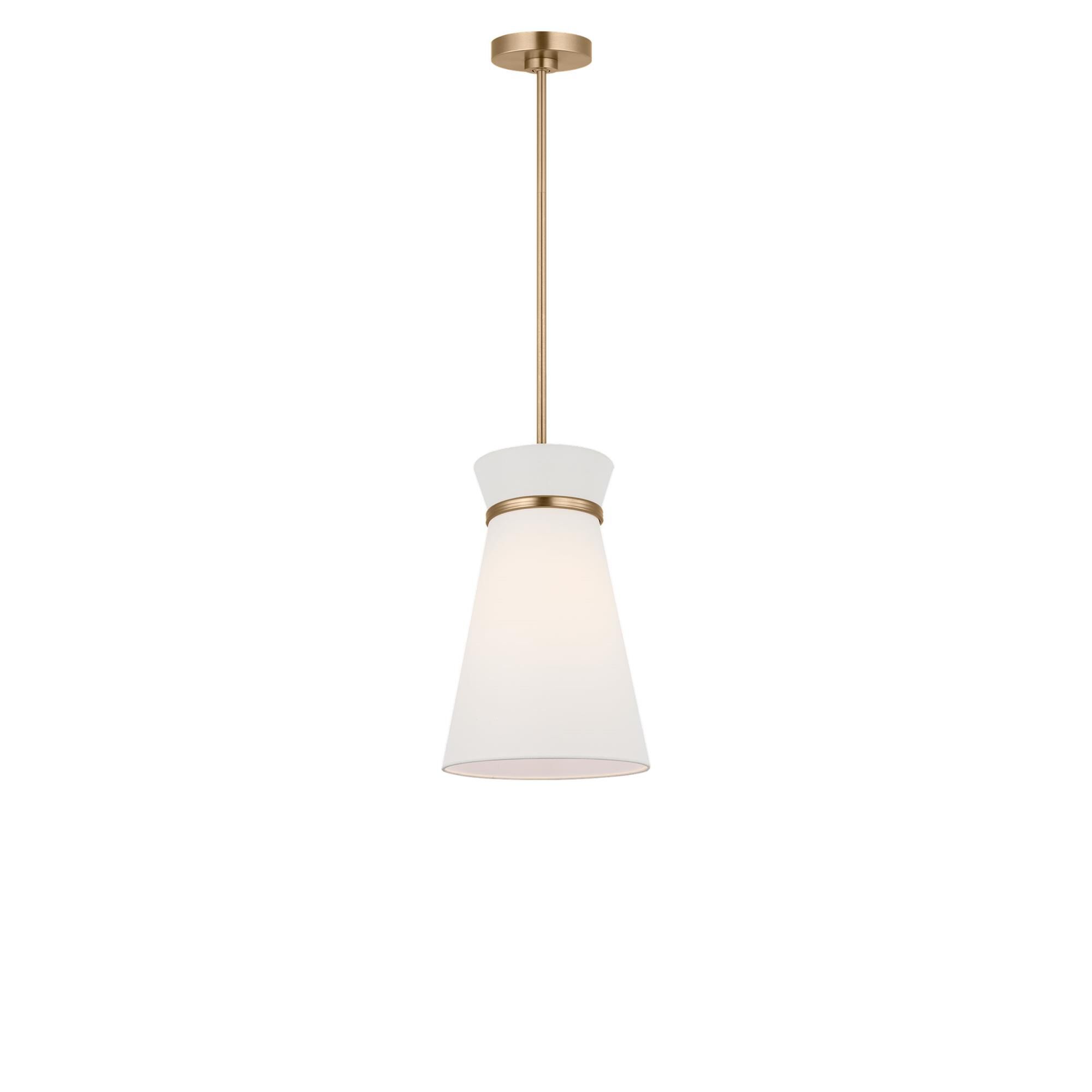 Shown in Satin Brass finish and White Linen shade
