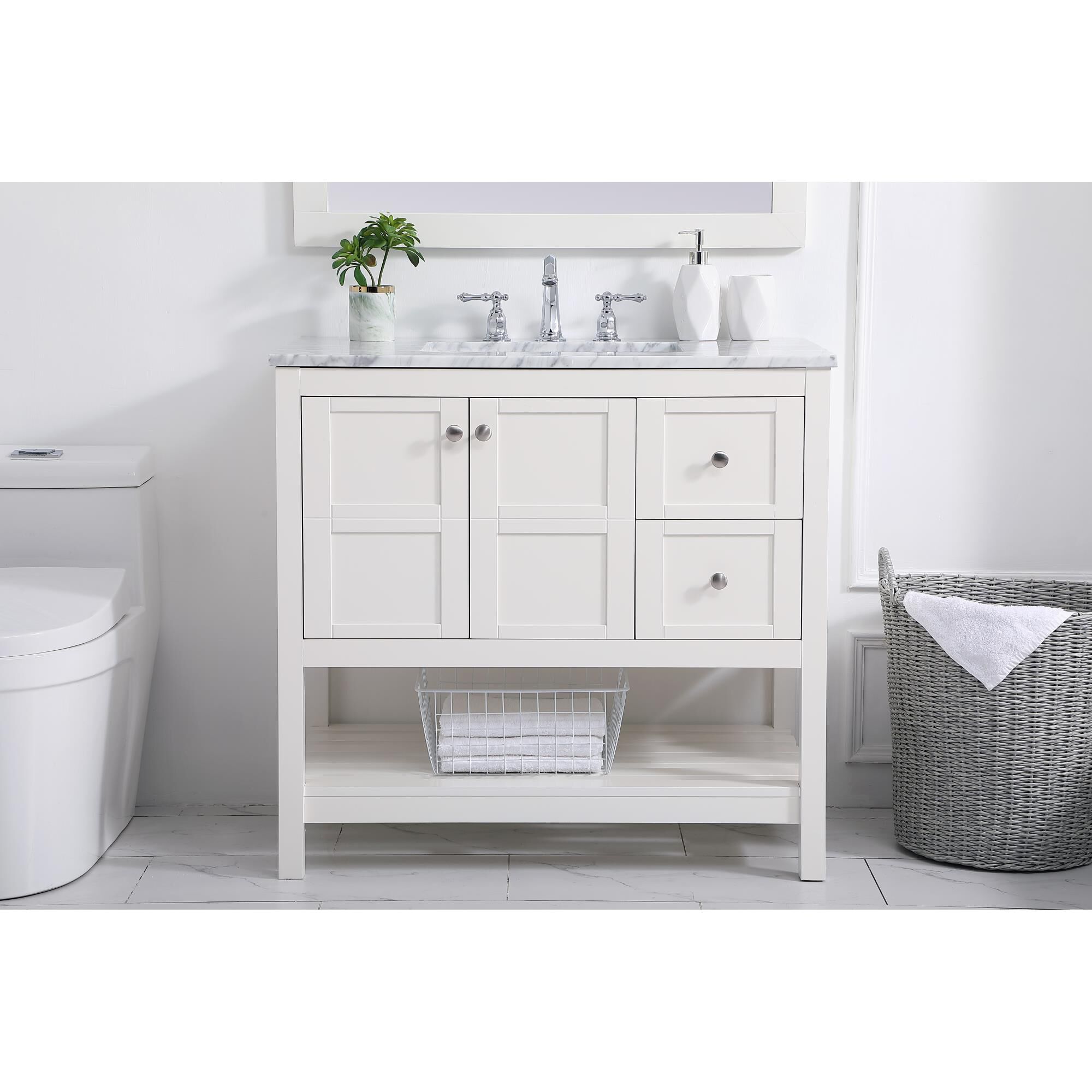 Shown in White And Brushed Nickel With Carrara White Marble finish