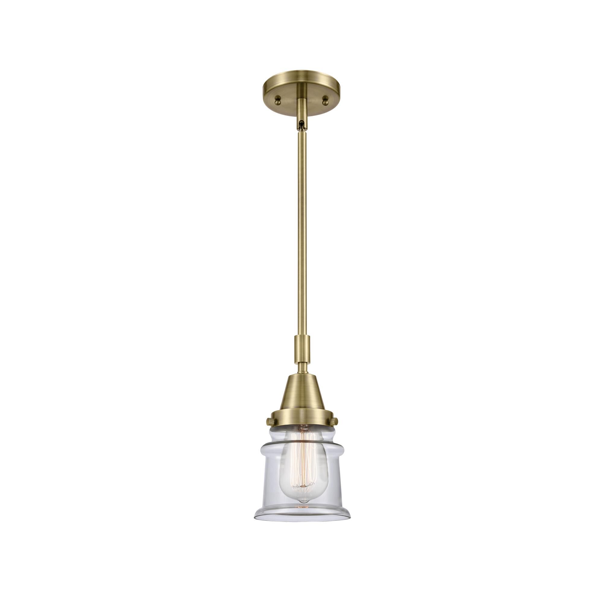 Shown in Antique Brass finish and Clear Canton glass
