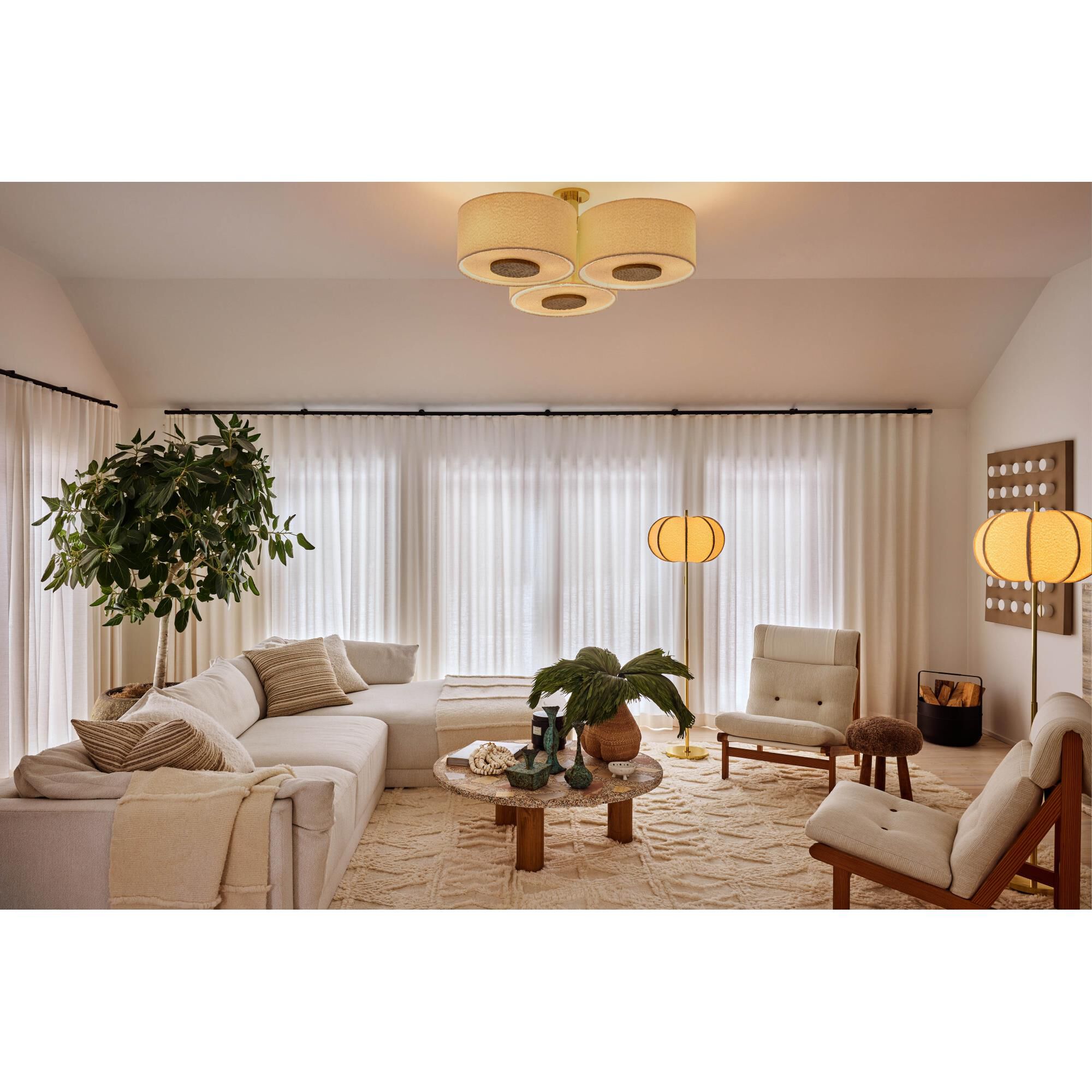 Shown in Aged Brass finish and Textured Linen shade