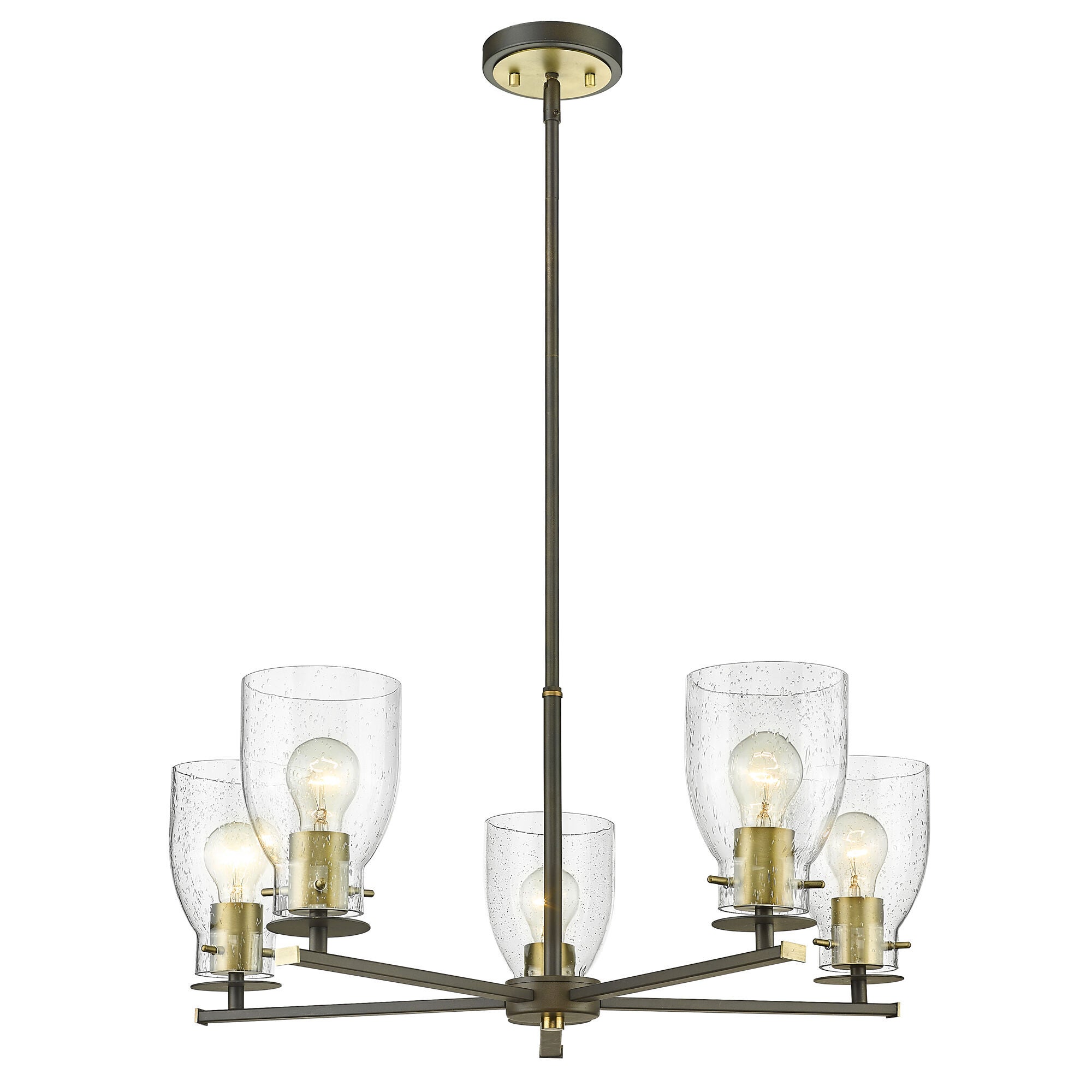 Shown in Oil Rubbed Bronze And Antique Brass finish and Clear Seedy Glass shade