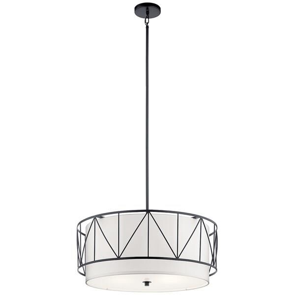 Shown in Black finish and Satin Etched glass and White Fabric shade