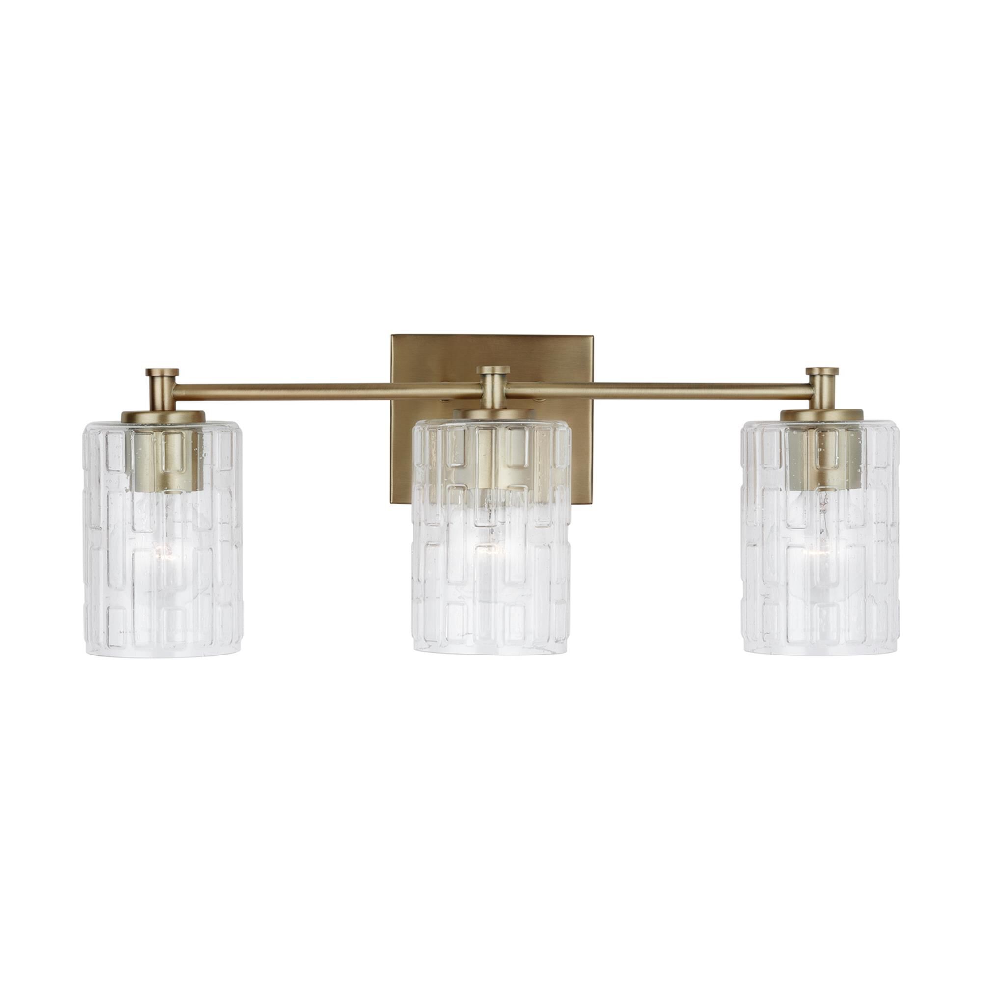 Shown in Aged Brass finish and Clear Embossed glass