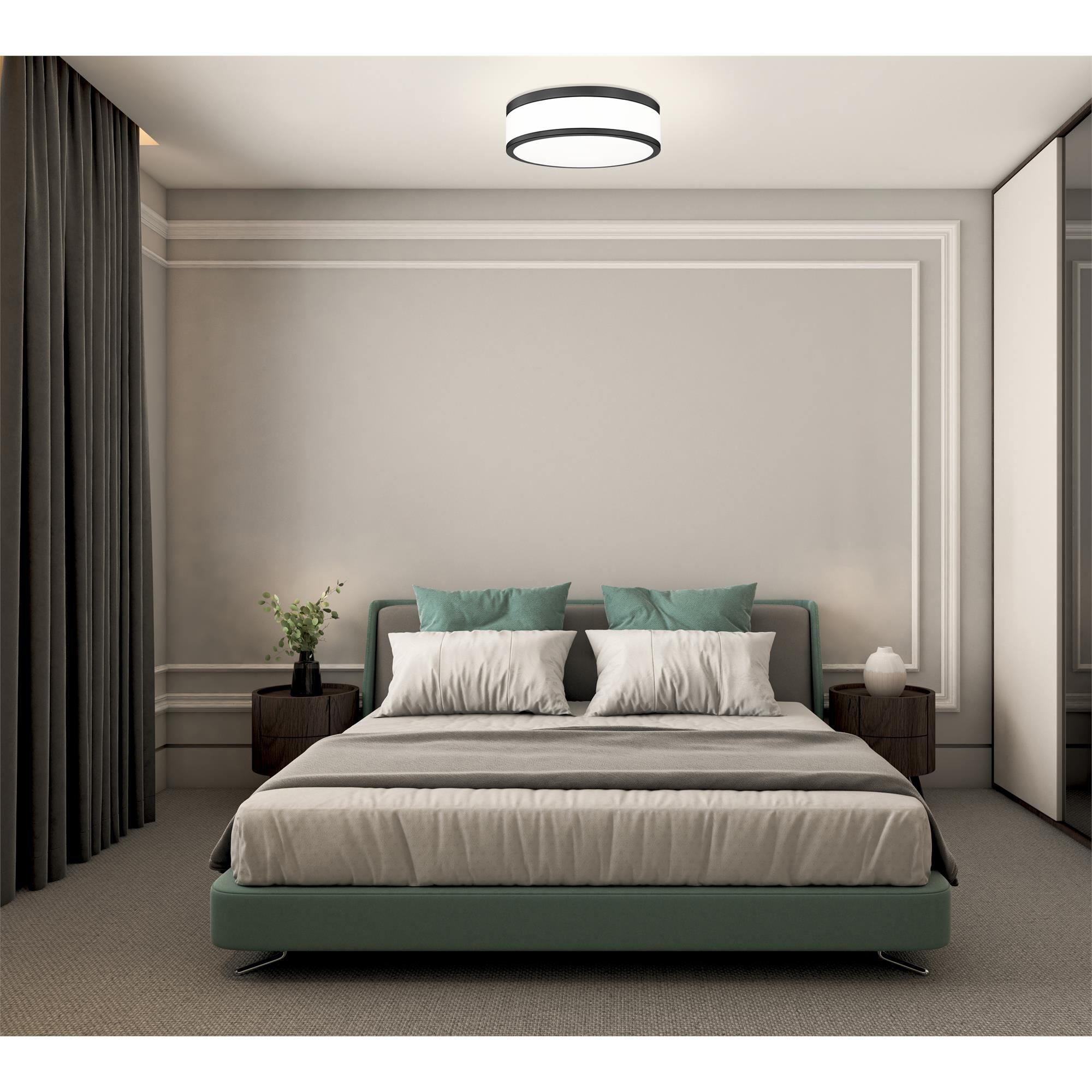 Shown in Matte Black finish and Frosted glass and Frosted shade