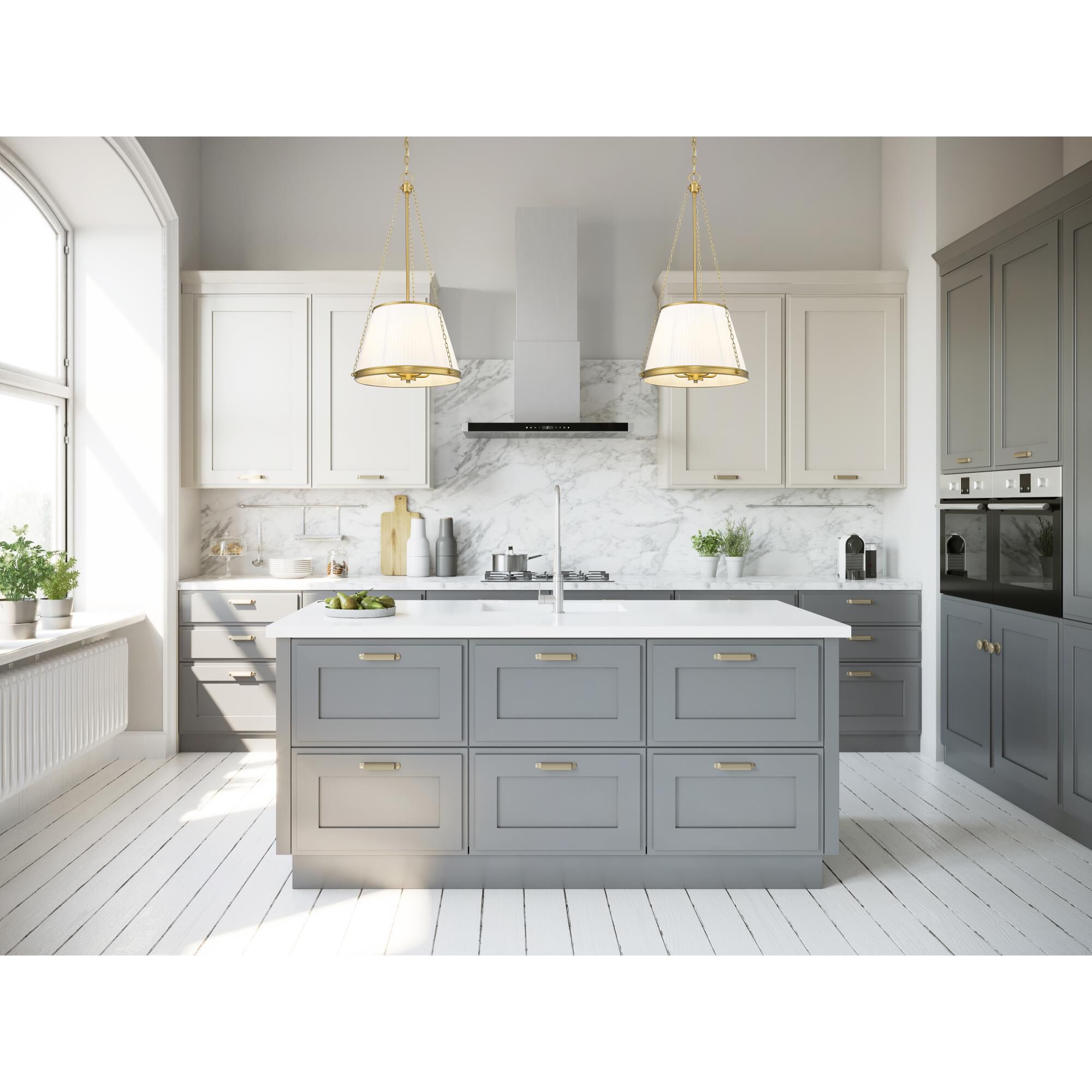 Shown in Modern Gold finish and White glass and White shade