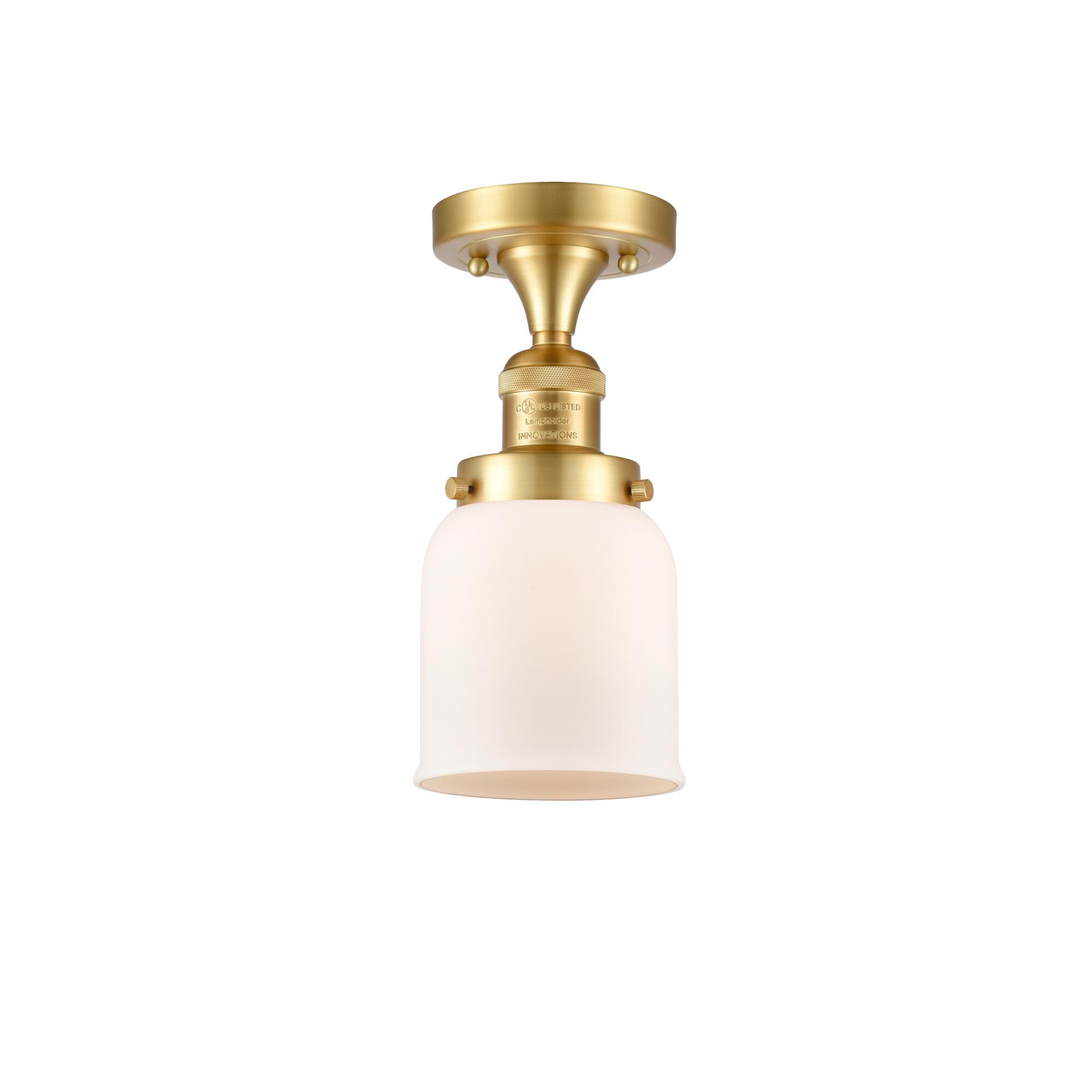 Shown in Satin Gold finish and Matte White Cased Small Bell glass