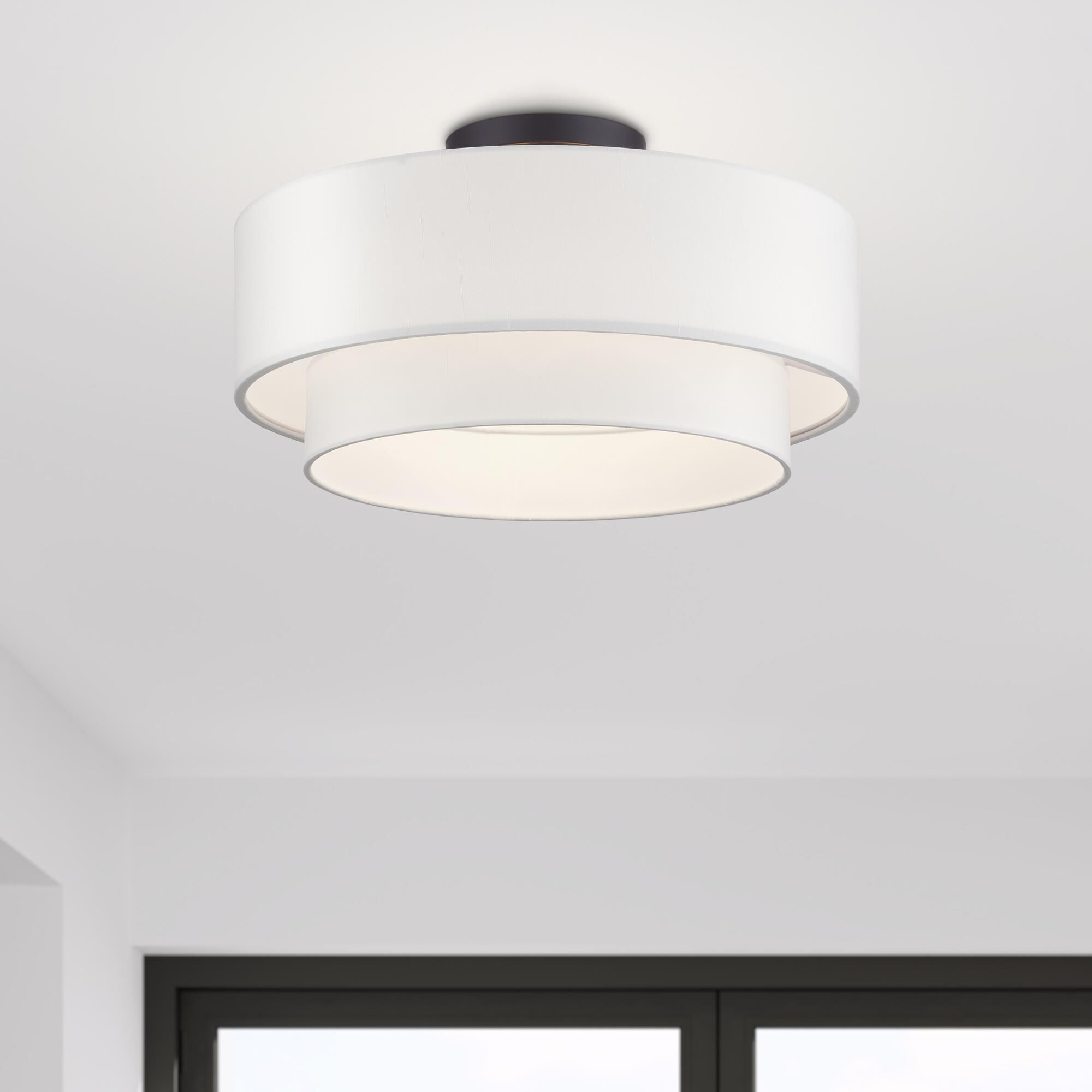 Shown in Bronze finish and Hand Crafted Off-White Fabric Hardbacks with White Fabric Inside shade