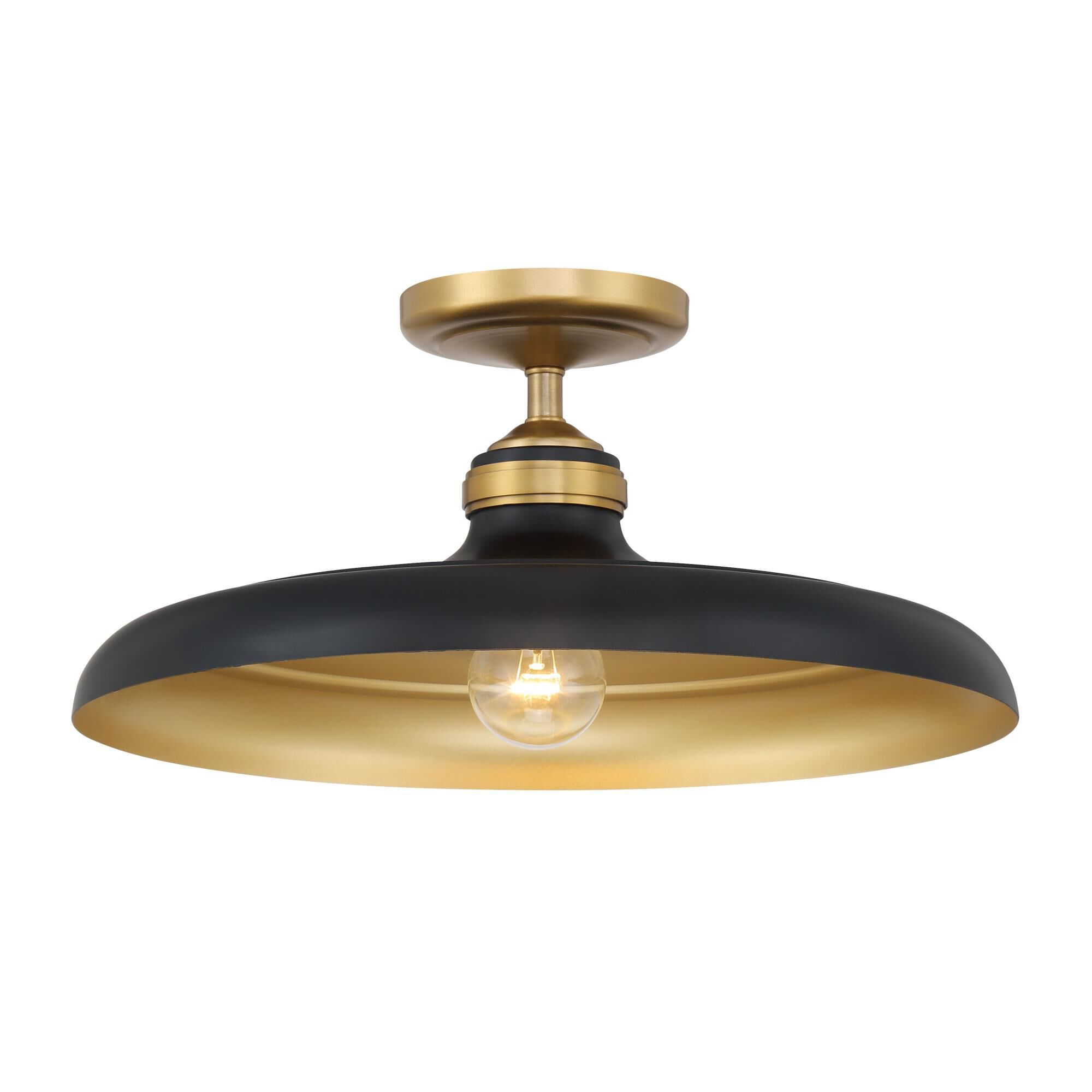 Shown in Legacy Brass & Dark Matte Blac finish and Dark Matte Black (Outside)/Legacy Brass (Inside) glass and Steel shade