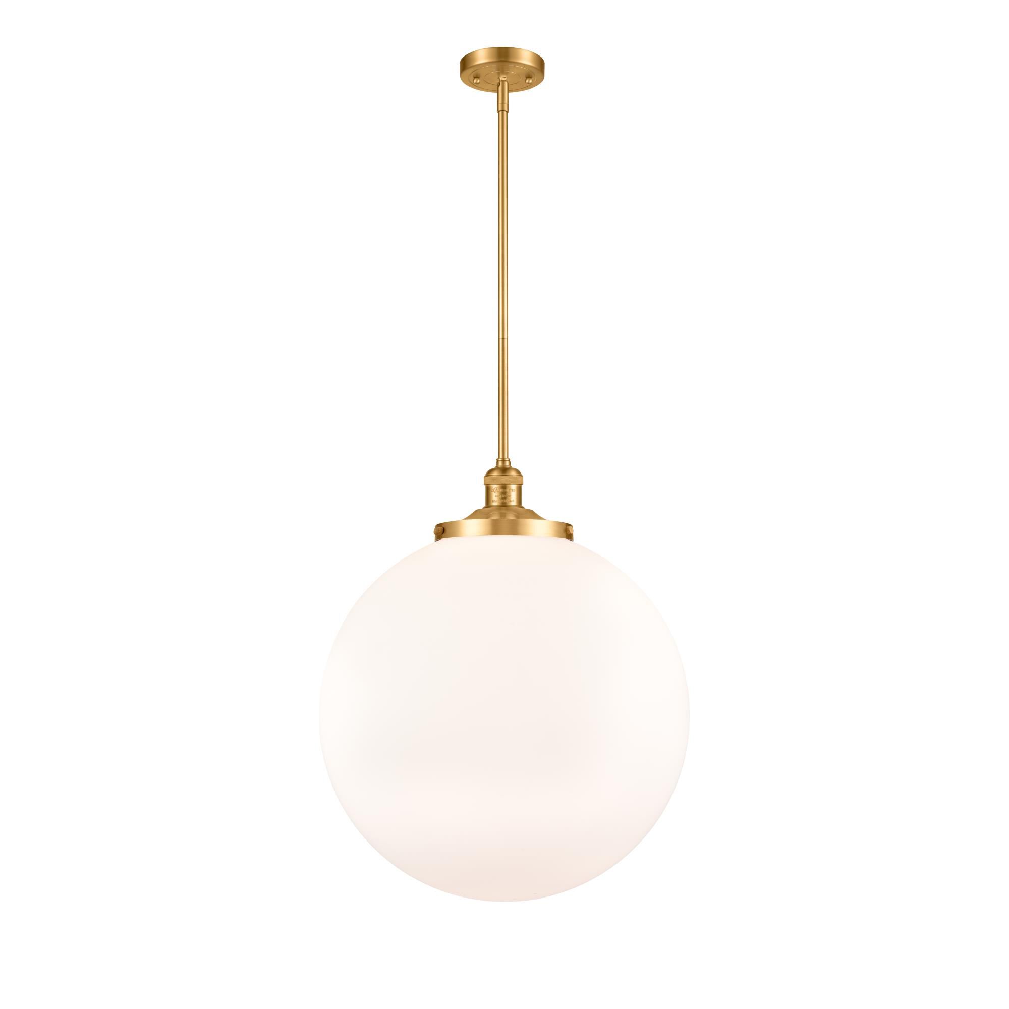 Shown in Satin Gold finish and Matte White Cased Beacon glass