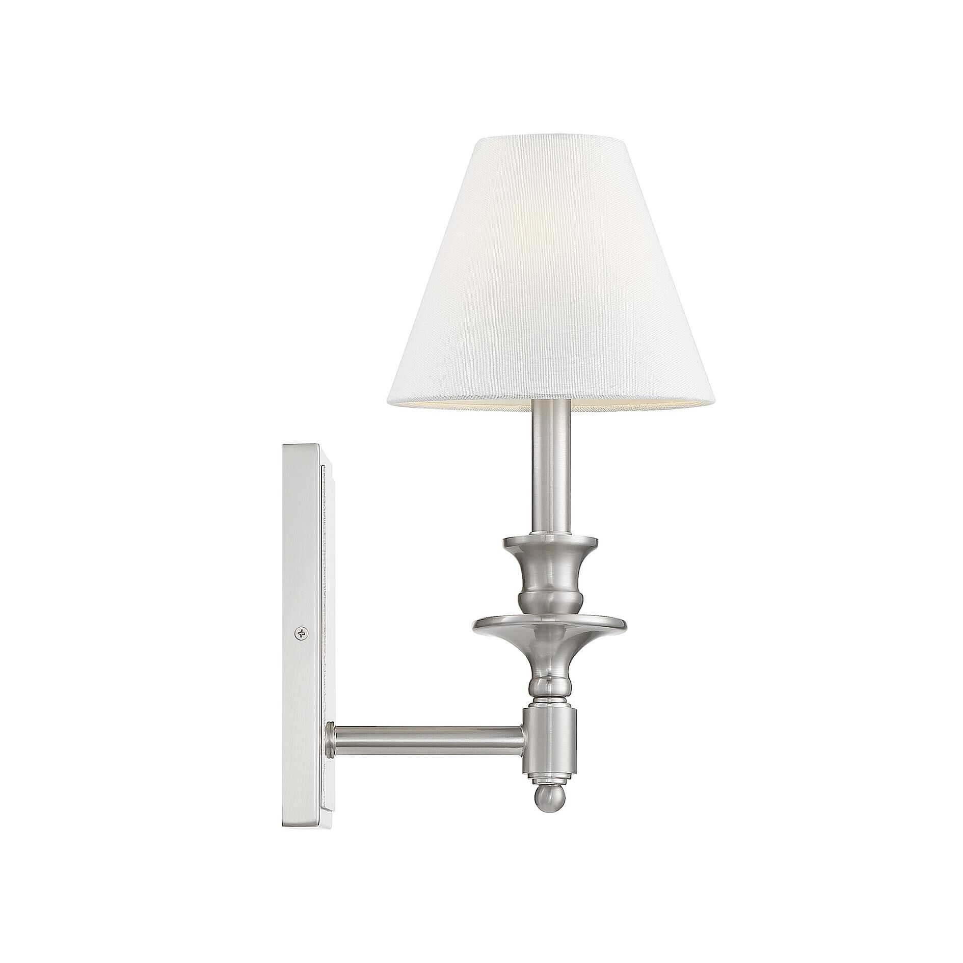Shown in Satin Nickel finish and White Linen shade