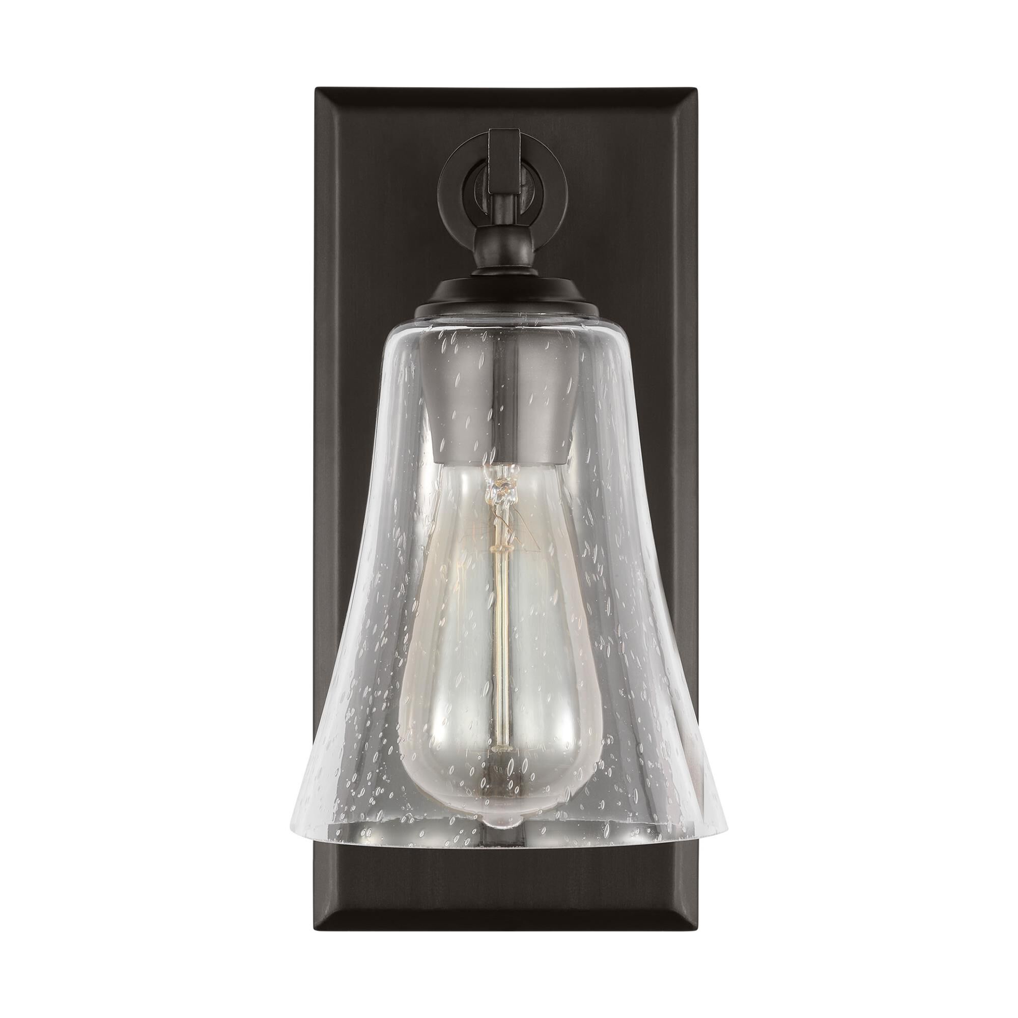 Shown in Aged Iron finish and Clear Seeded glass