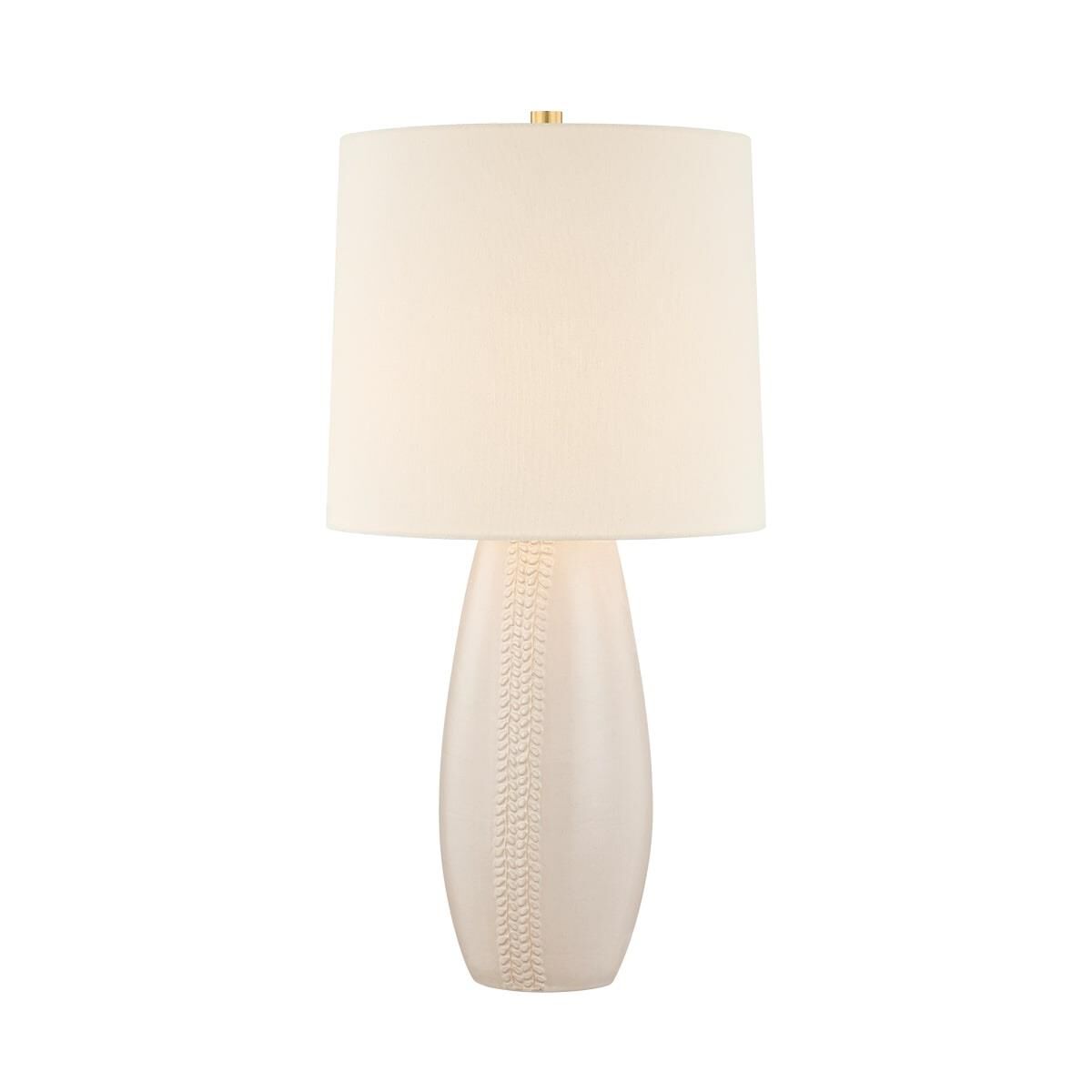 Shown in Aged Brass and Ceramic Honeydew finish and Off White Linen shade