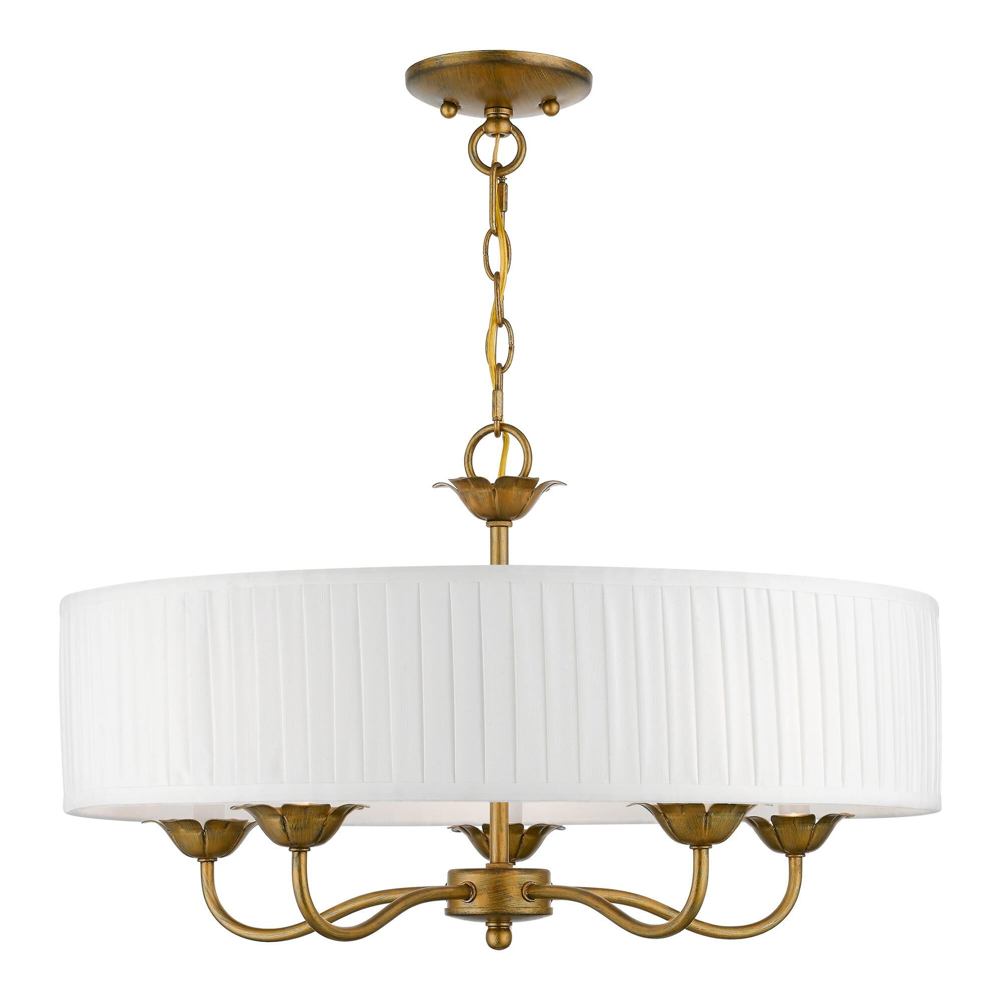 Shown in Antique Gold Leaf finish and Off-White Fabric Hardback with White Fabric Inside shade