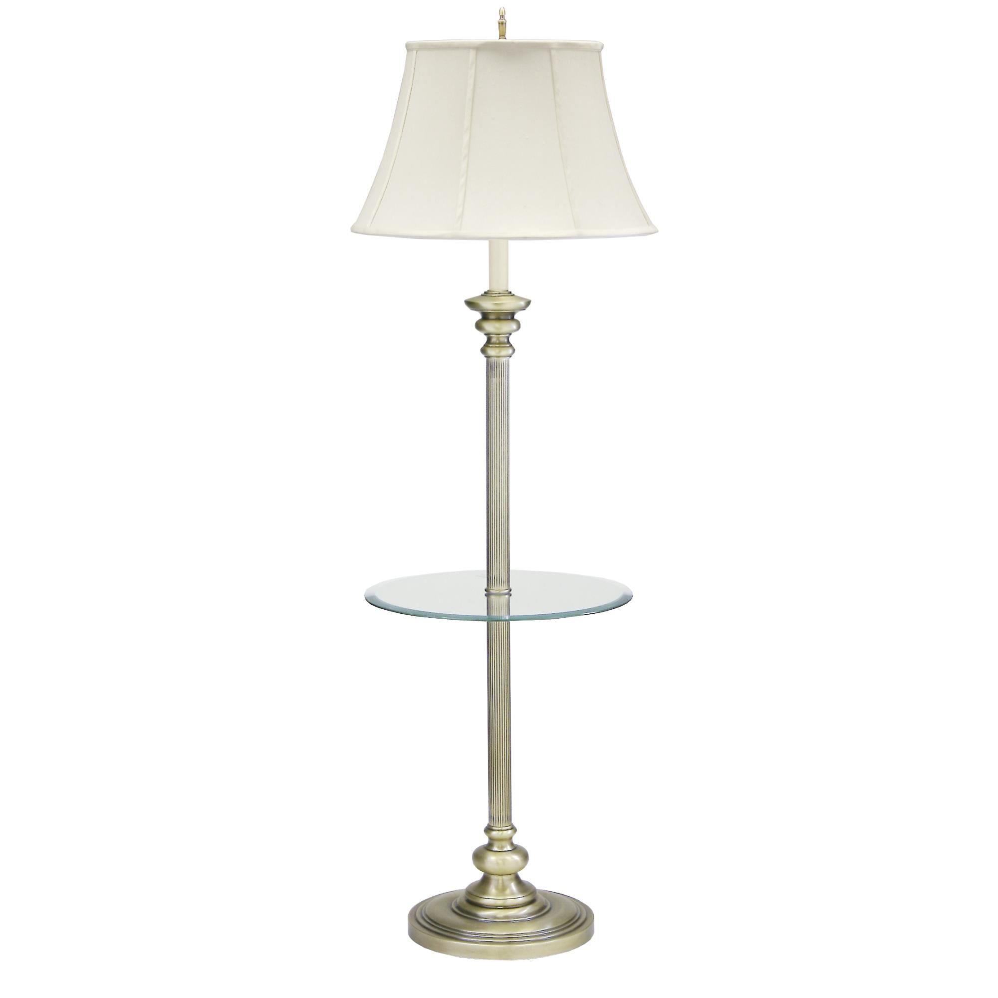 Shown in Antique Brass finish and Off-White Linen Softback shade