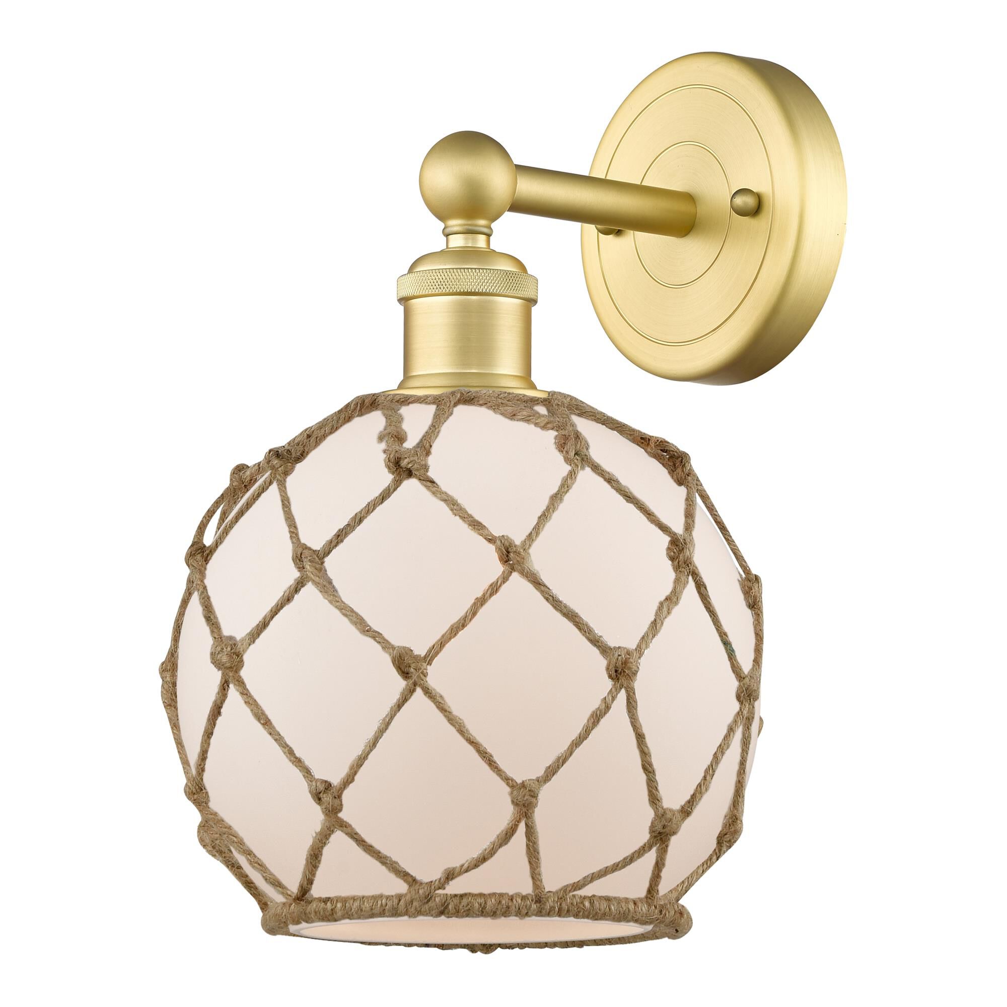 Shown in Satin Gold finish and White with Brown Rope glass