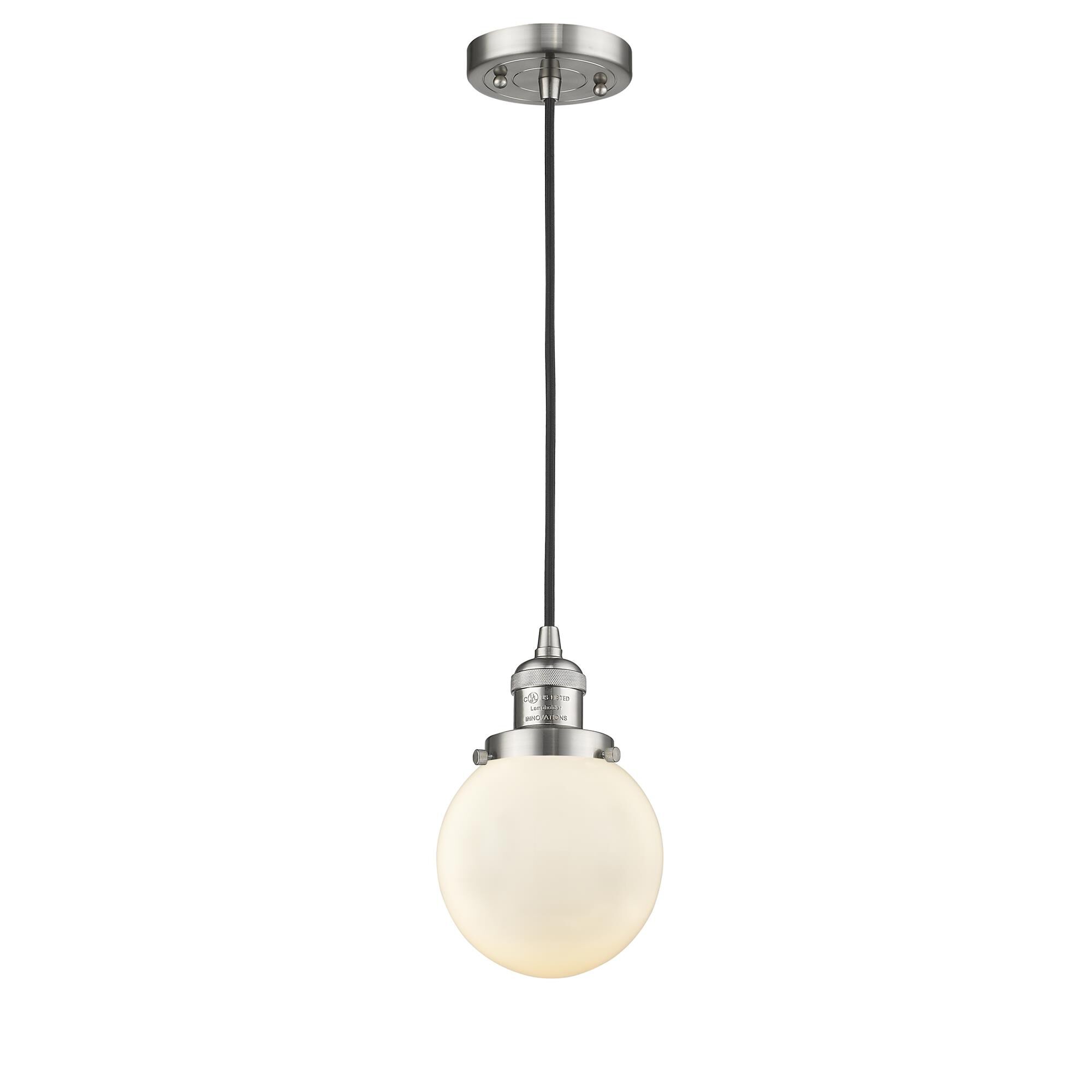 Shown in Brushed Satin Nickel finish and Matte White Cased glass