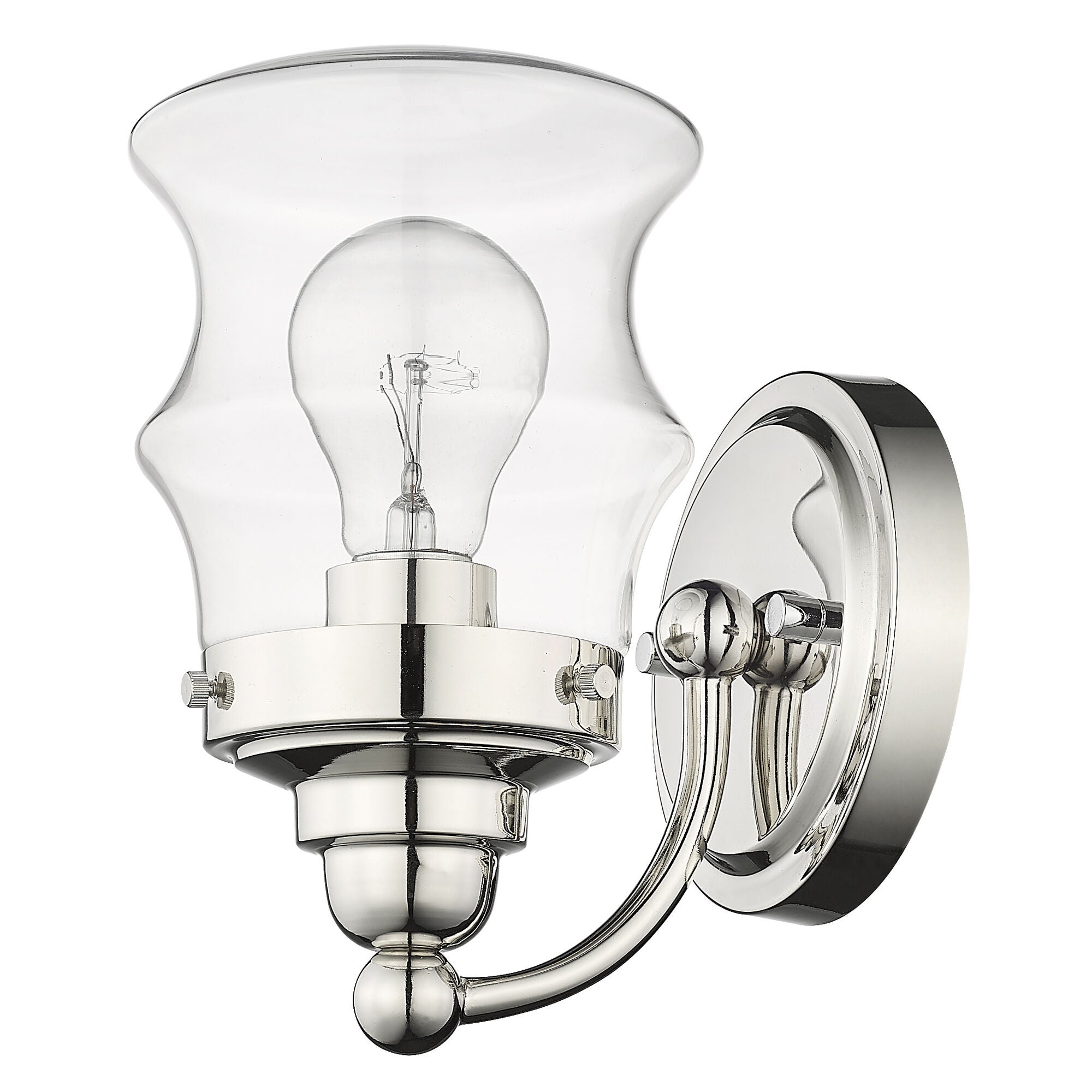 Shown in Polished Nickel finish and Clear Glass shade