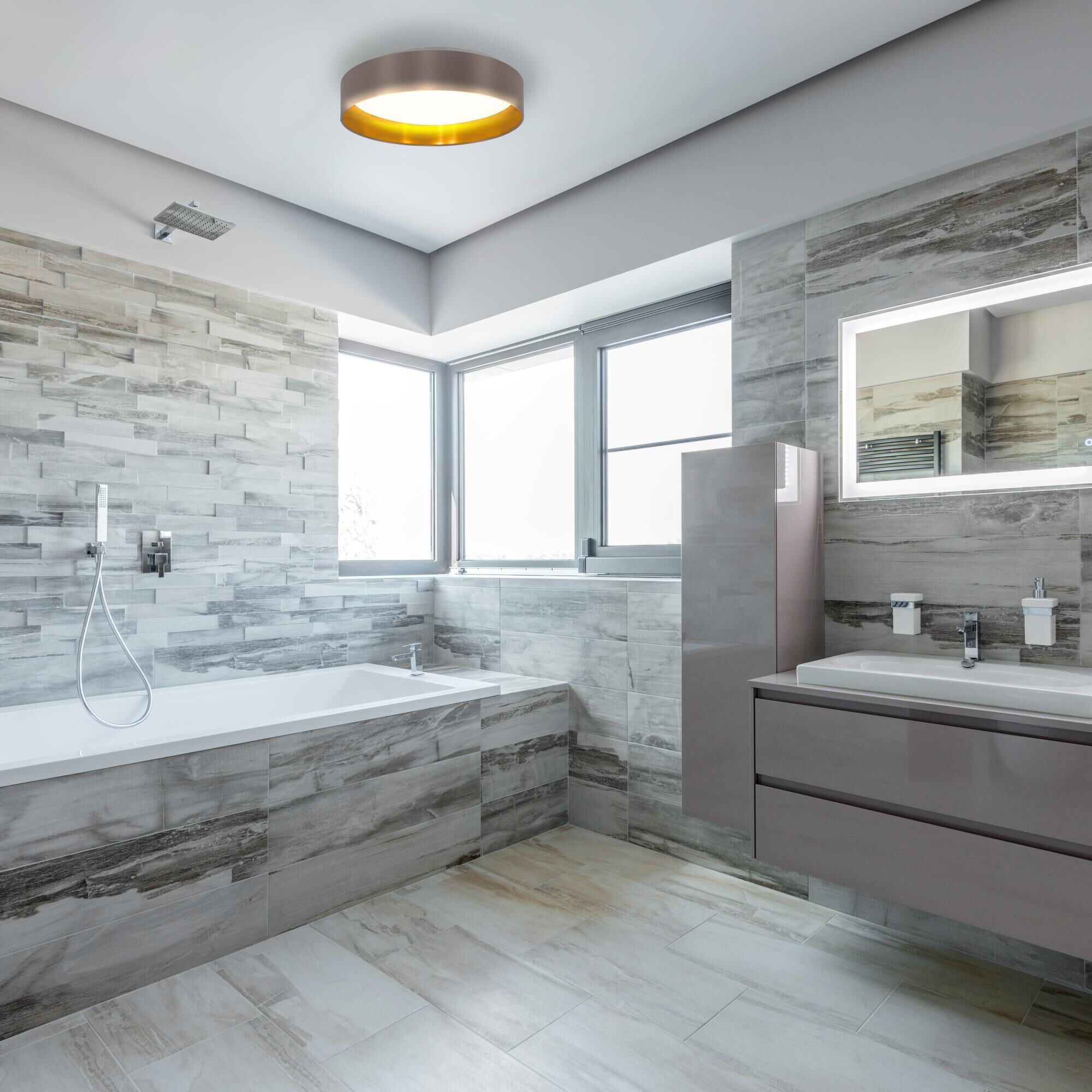 Shown in Satin Nickel finish and Cappucino, Gold and White shade