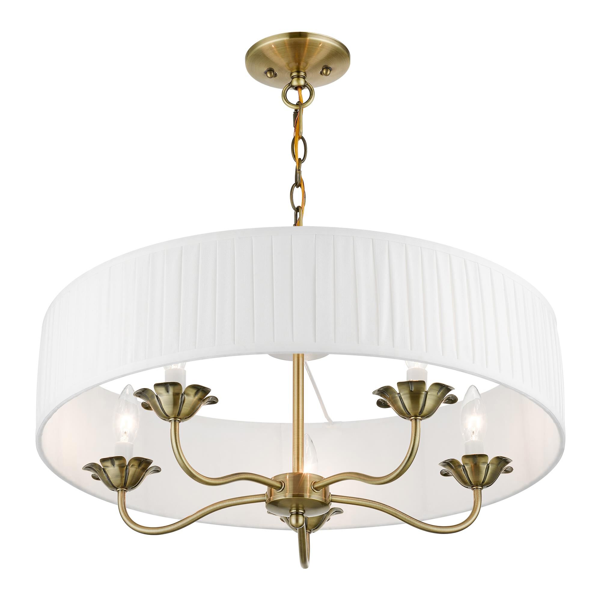 Shown in Antique Brass finish and Off-White Fabric Hardback with White Fabric Inside shade