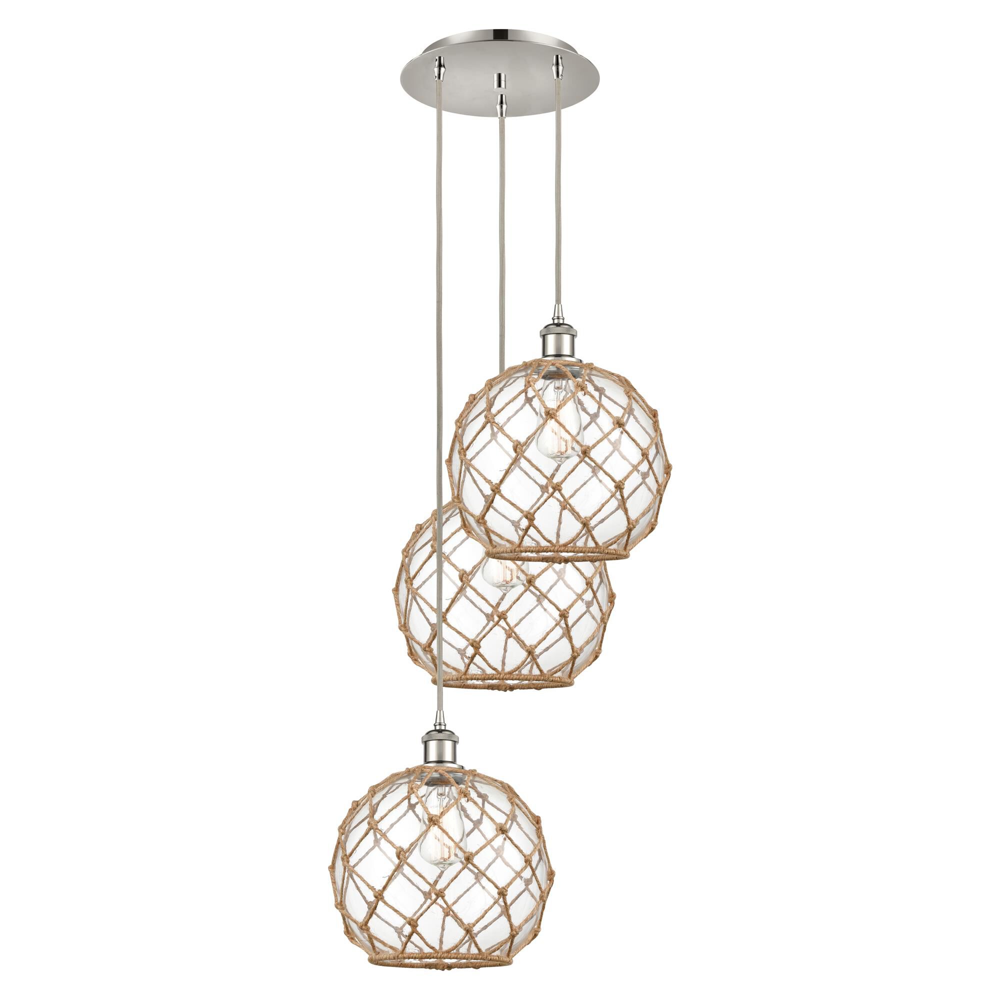 Shown in Polished Nickel finish and Clear with Brown Rope glass