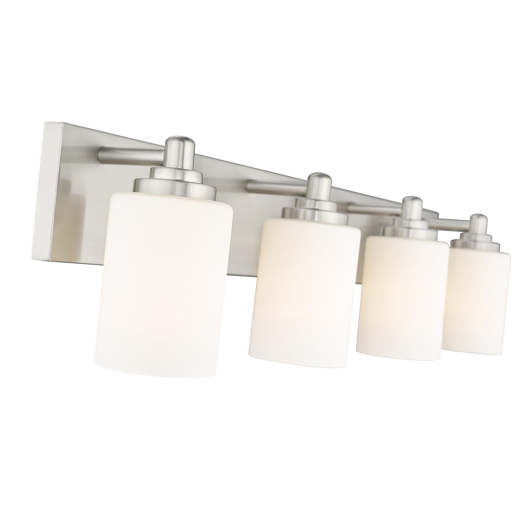 Shown in Brushed Nickel finish and White glass