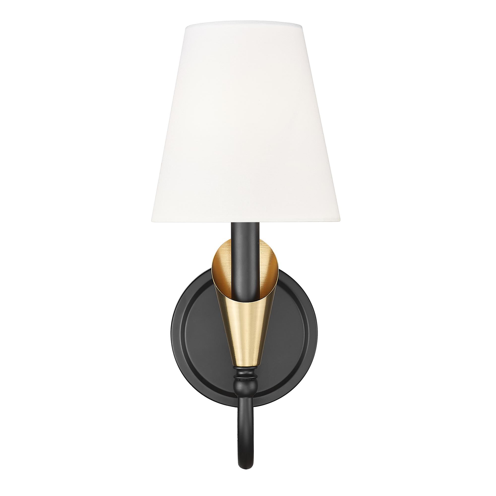 Shown in Matte Black And Modern Gold finish and White glass and White shade