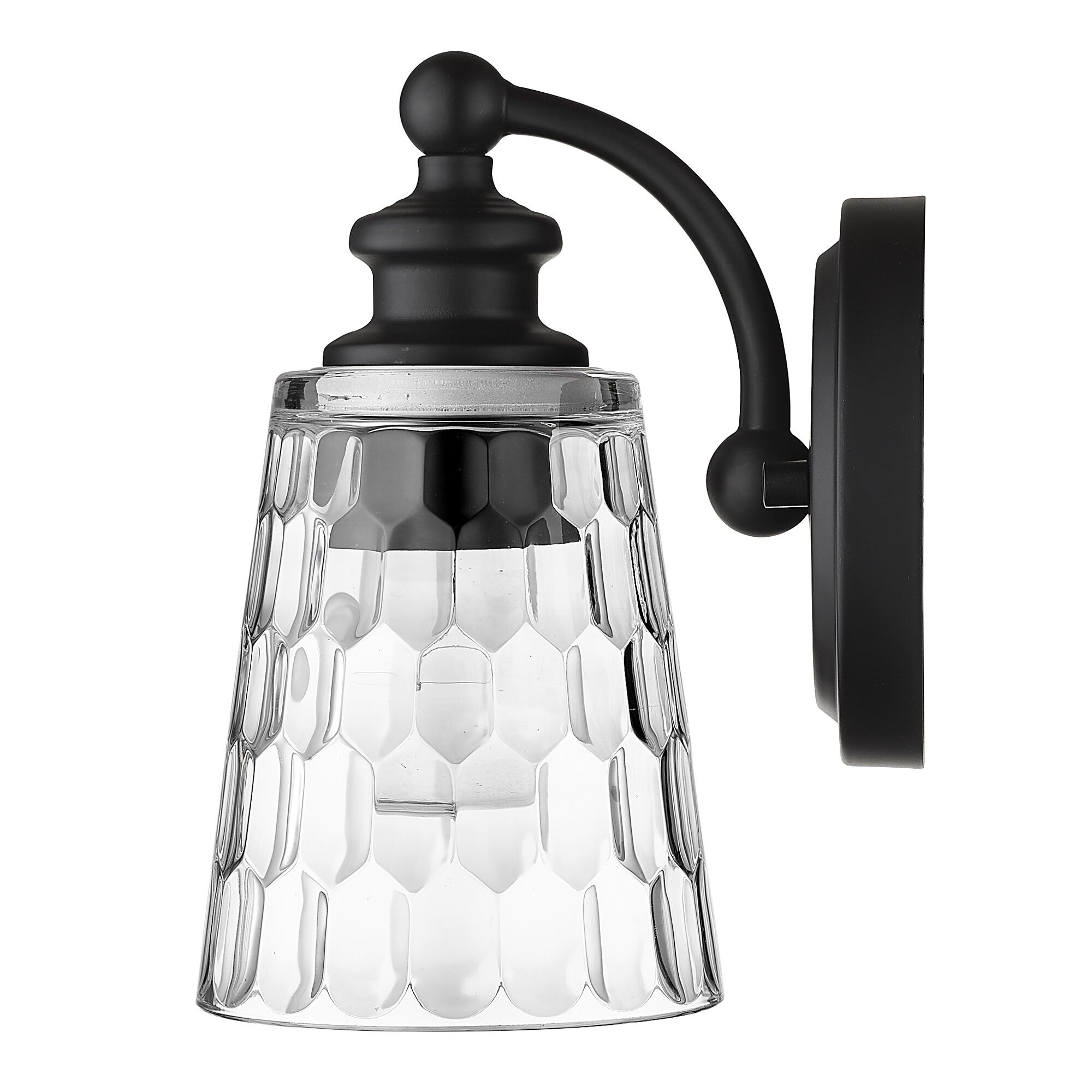 Shown in Matte Black finish and Clear glass and Clear, Optic Cone Shaped Glass shade