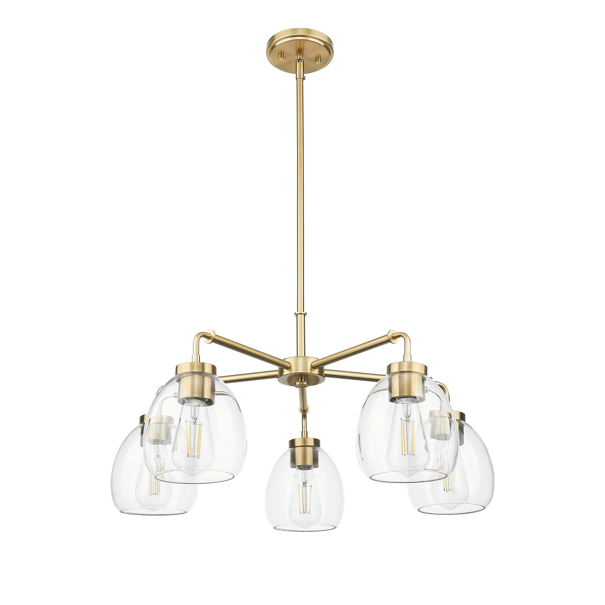Shown in Brass finish and Clear Glass Globes shade