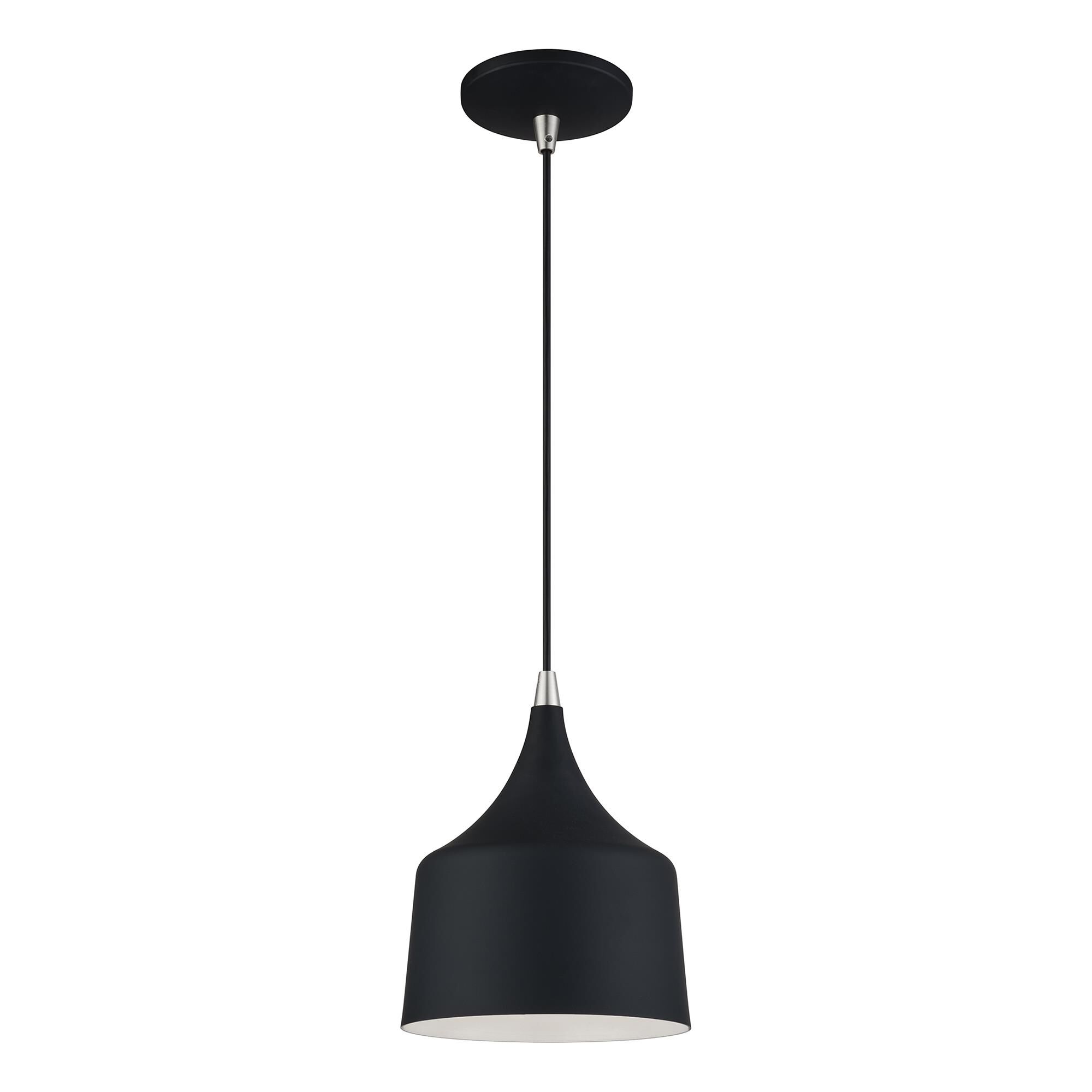 Shown in Black with Brushed Nickel Accents finish and Black Aluminum with Shiny White Inside shade