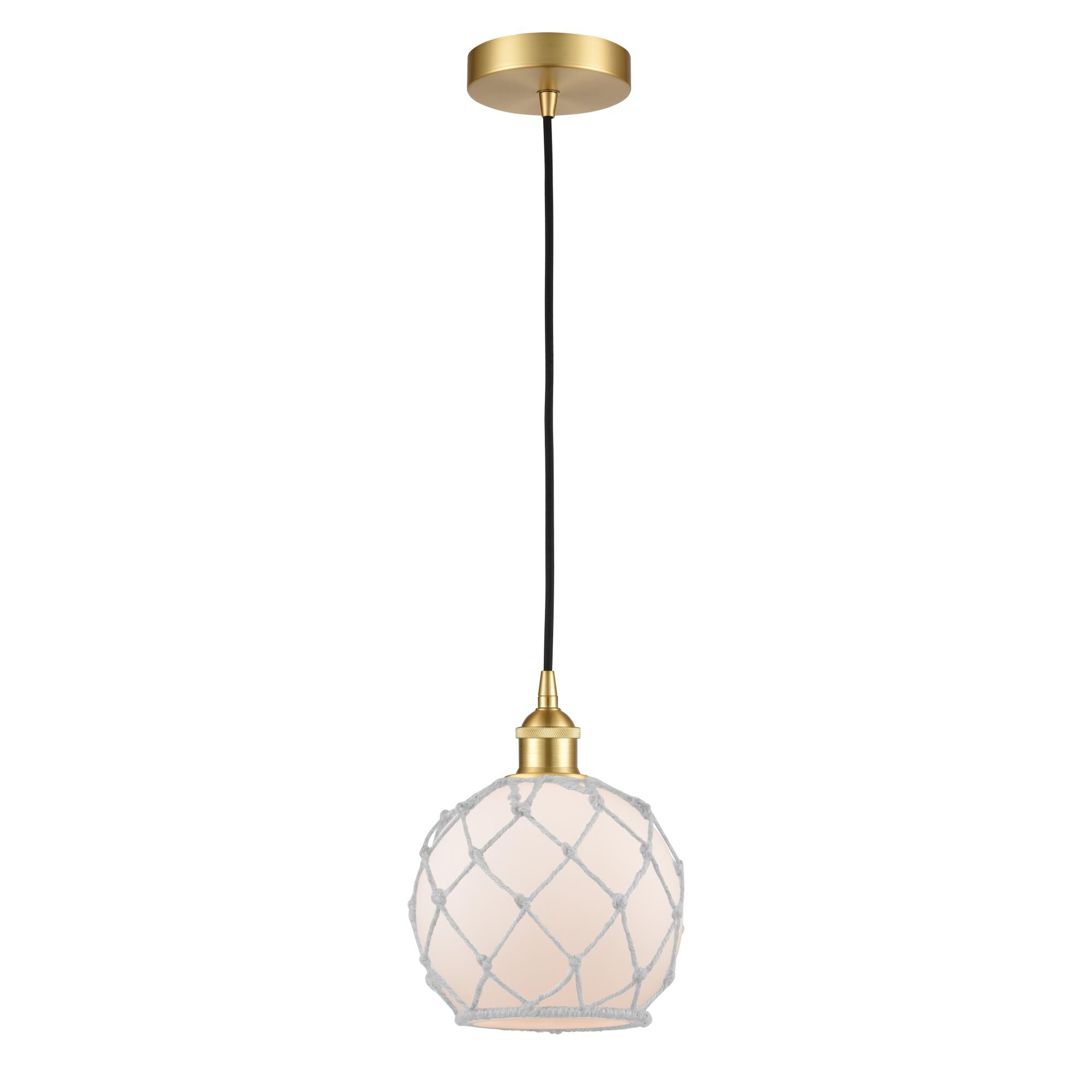 Shown in Satin Gold finish and White Farmhouse With White Rope glass