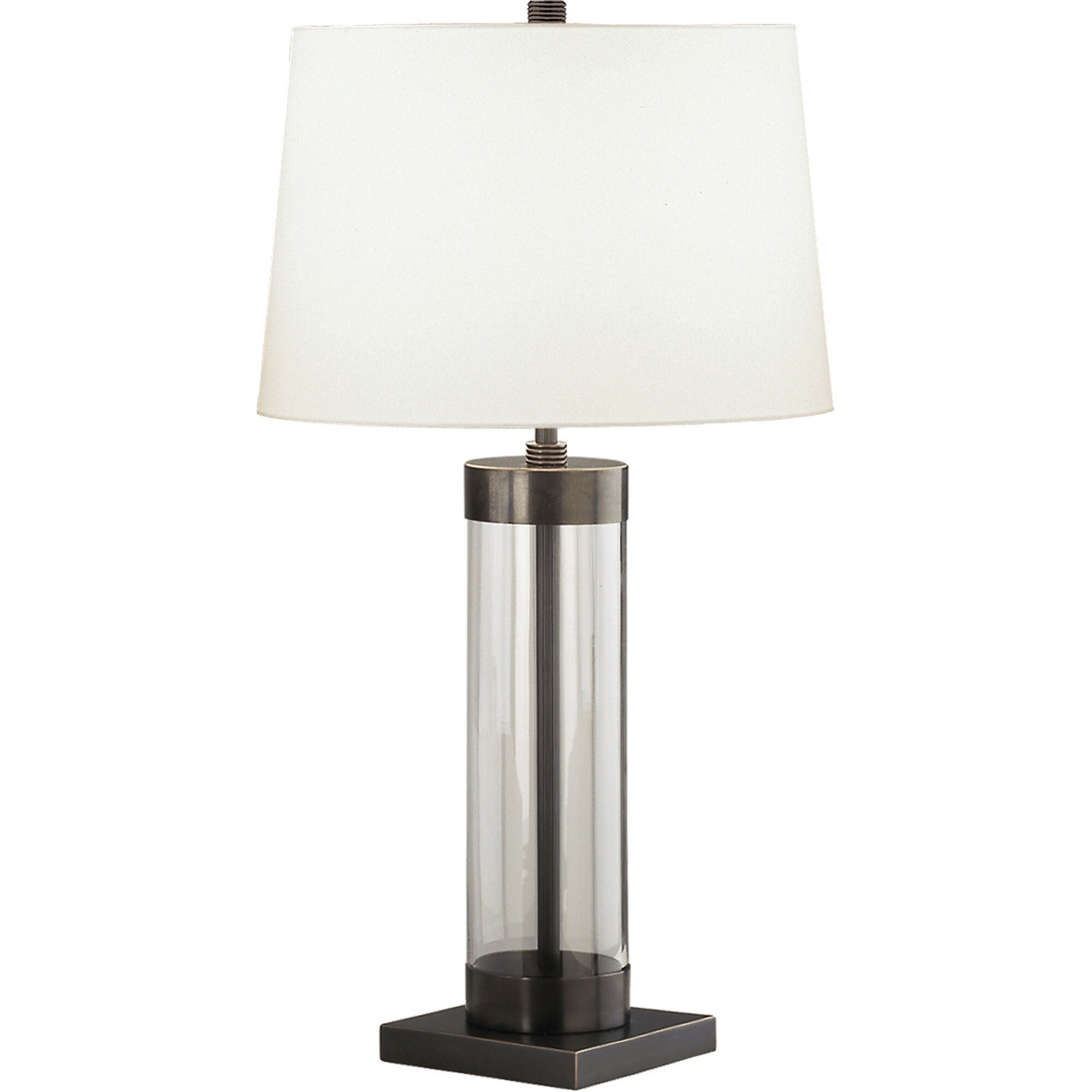 Shown in Clear Glass Cylinder With Deep Patina Bronze Accents finish and Off White Cotton With Rolled Edge Hem shade
