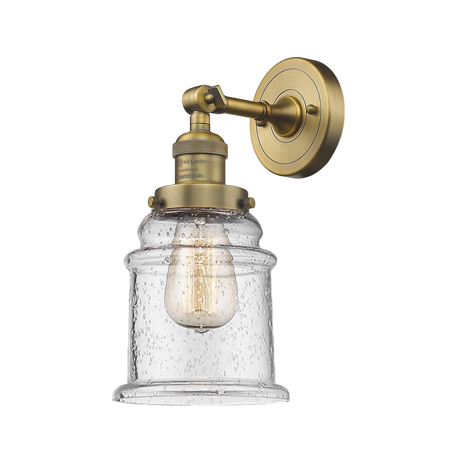 Shown in Brushed Brass finish and Seedy glass
