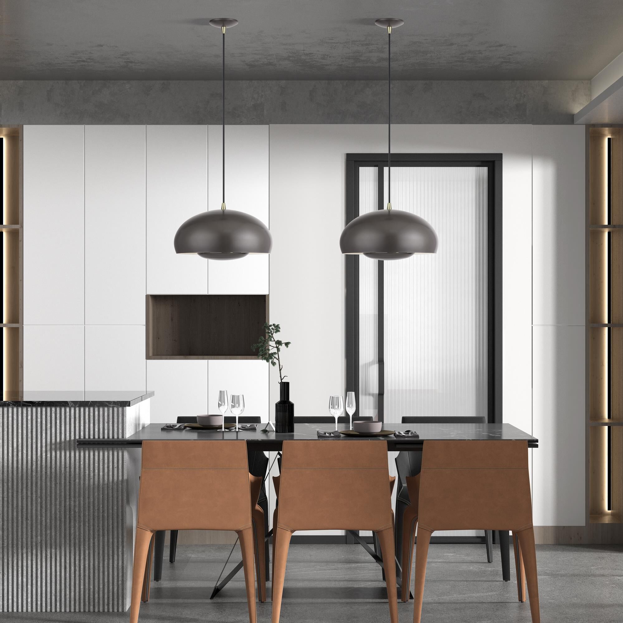 Shown in English Bronze with Antique Brass Accents finish and English Bronze Steel with Shiny White Inside shade