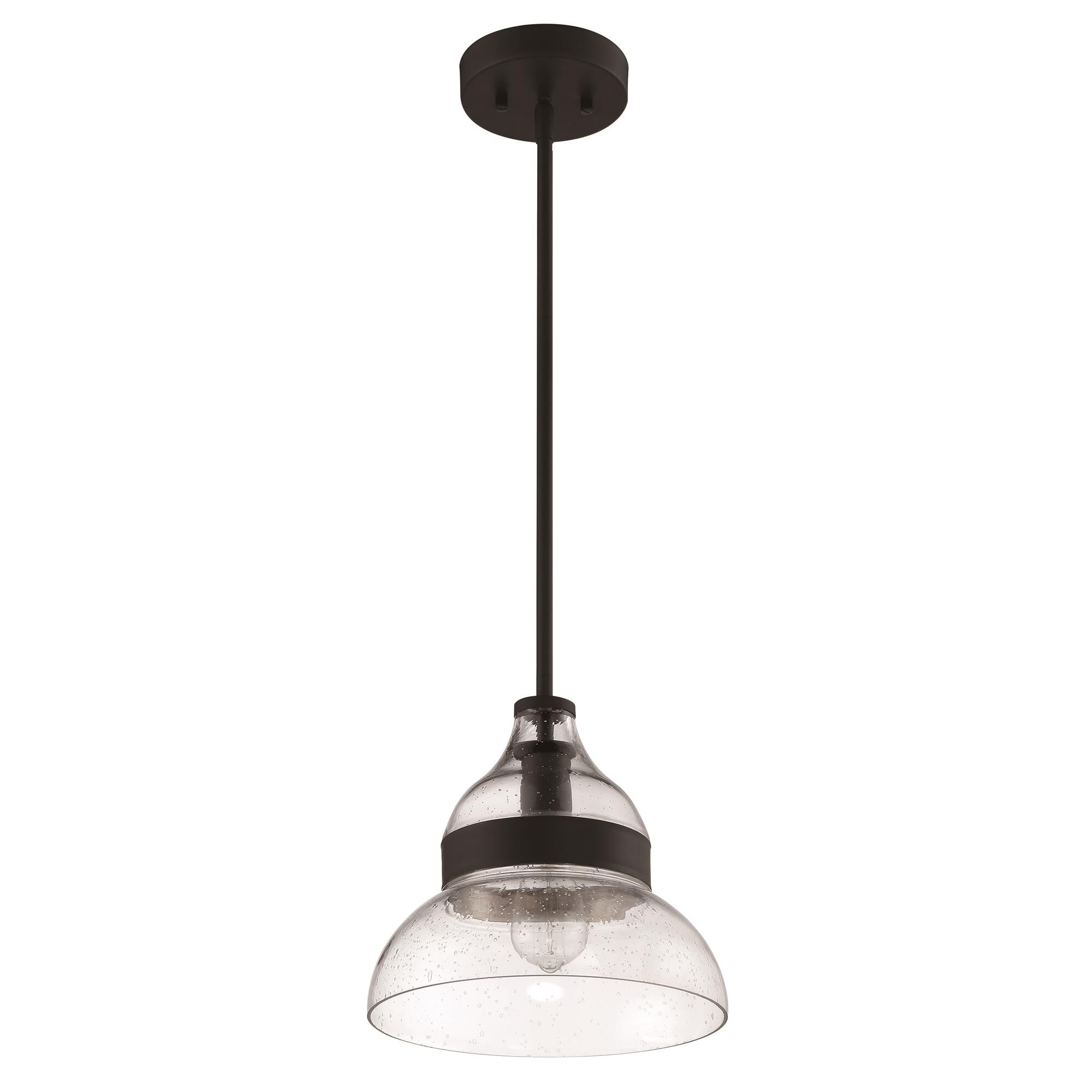 Shown in Flat Black finish and Clear Seeded glass and Glass shade