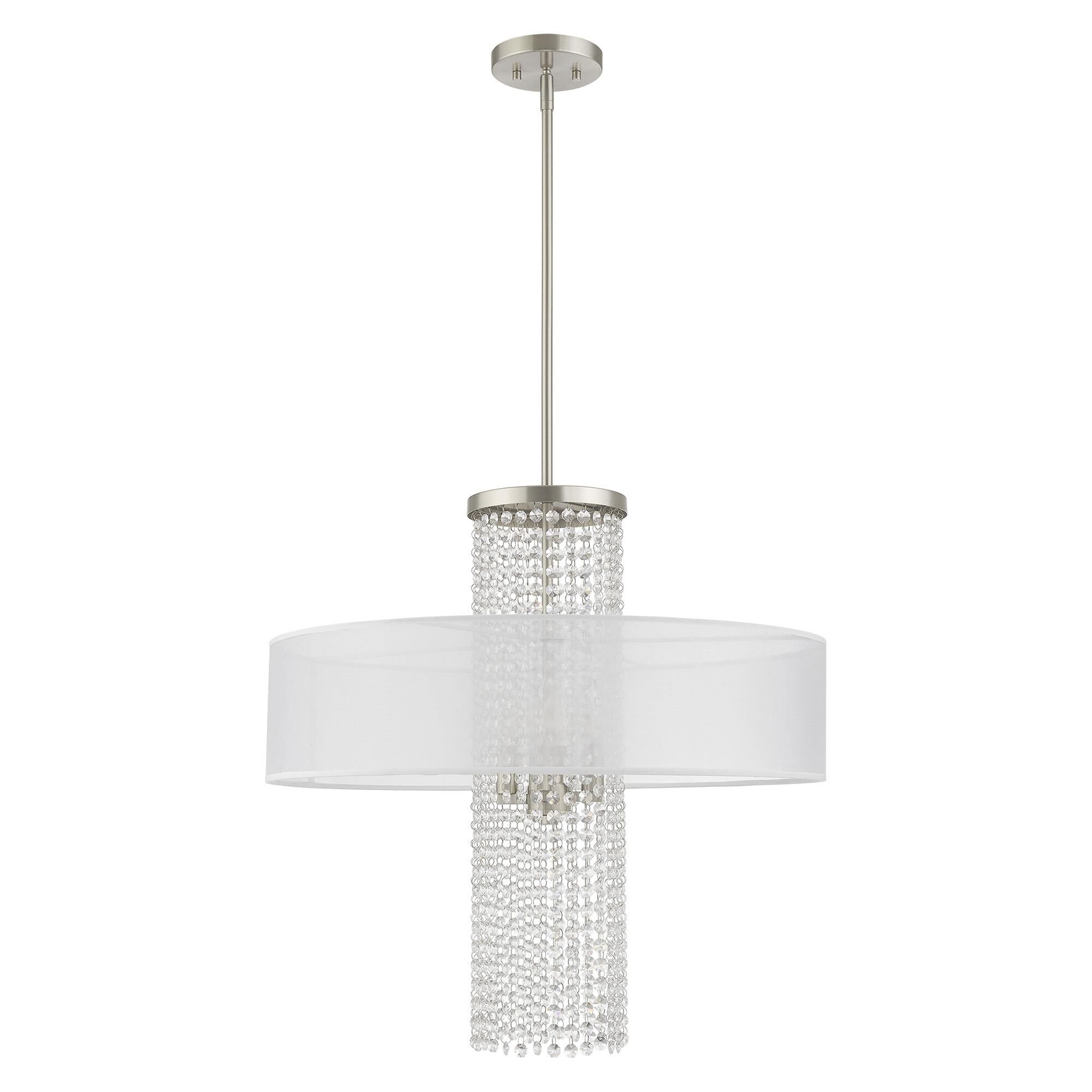 Shown in Brushed Nickel finish and Clear Crystals with Hand Crafted Translucent Fabric shade