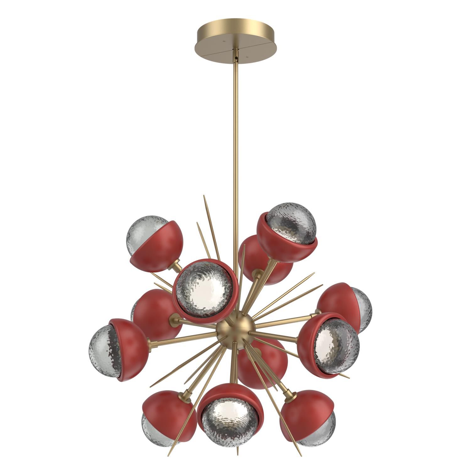 Shown in Gilded Brass finish and Smoke glass and Cinnamon Red accent