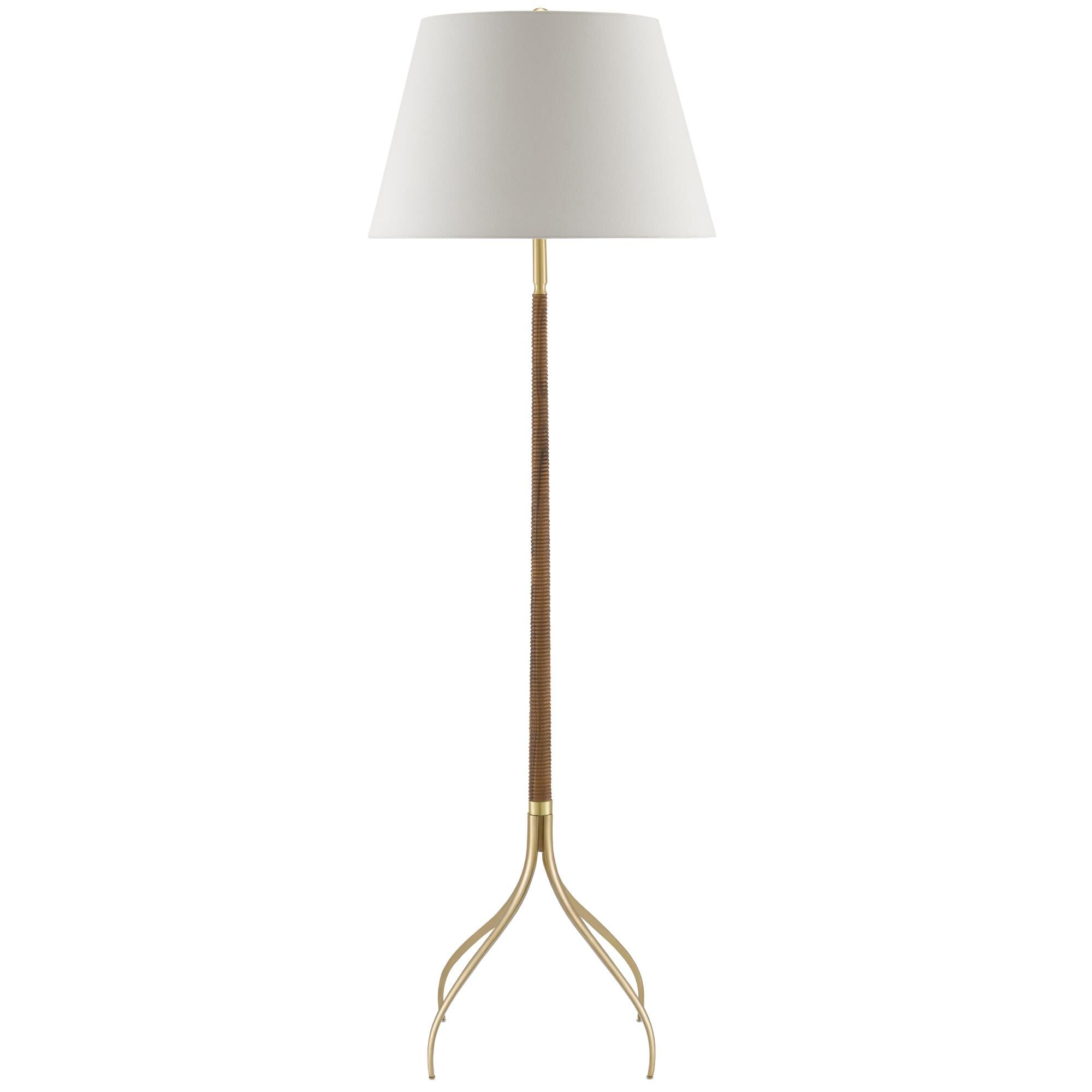 Shown in Natural/Brushed Brass finish and Off White Linen shade