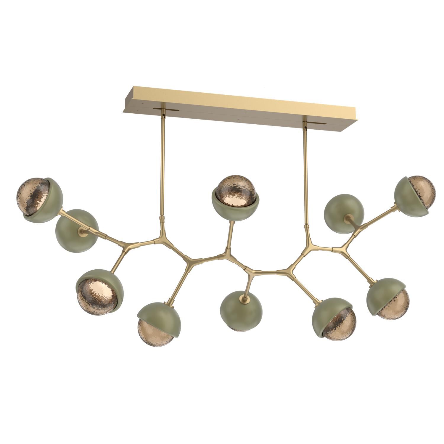 Shown in Gilded Brass finish and Bronze glass and Sage Green accent