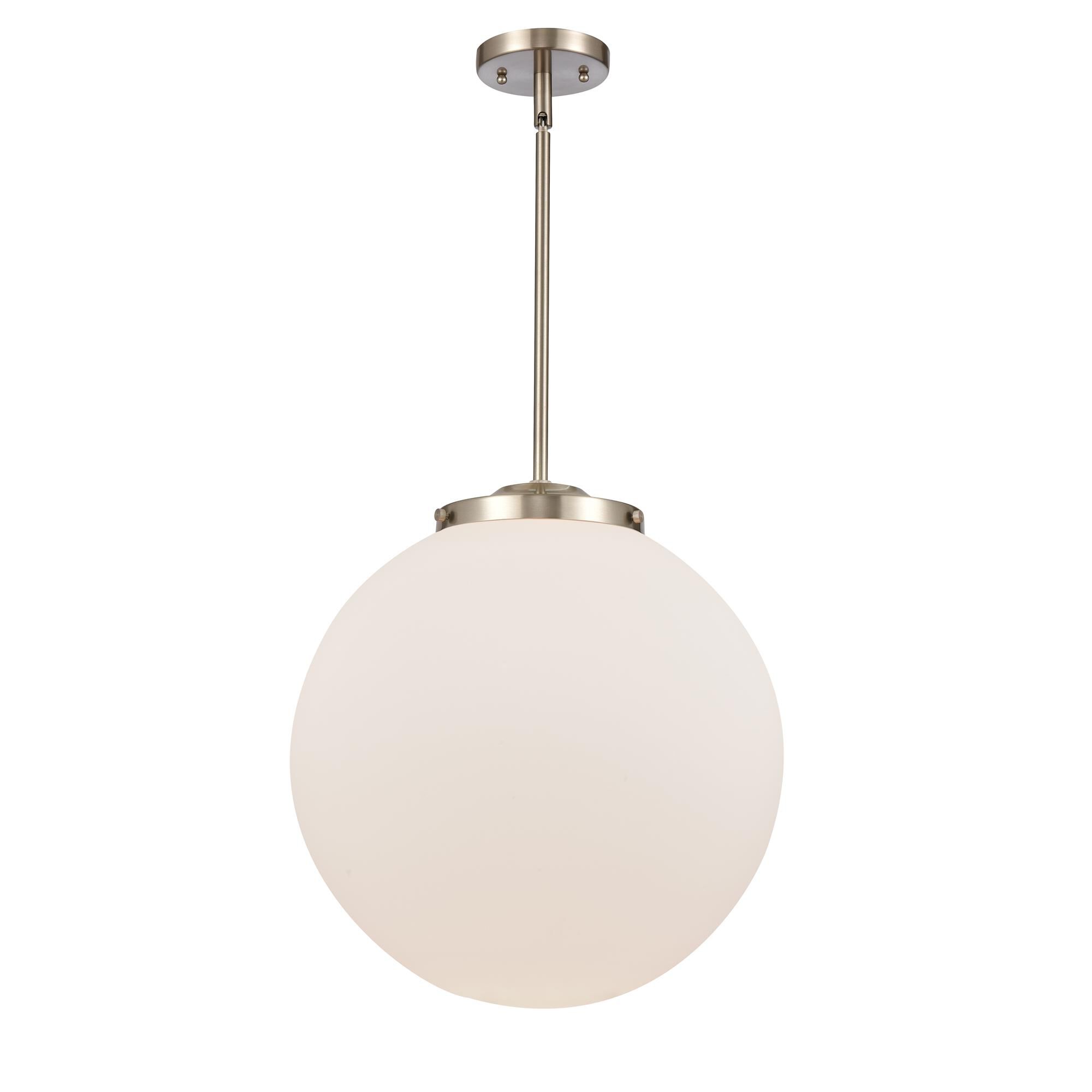 Shown in Brushed Satin Nickel finish and Matte White Cased Beacon glass