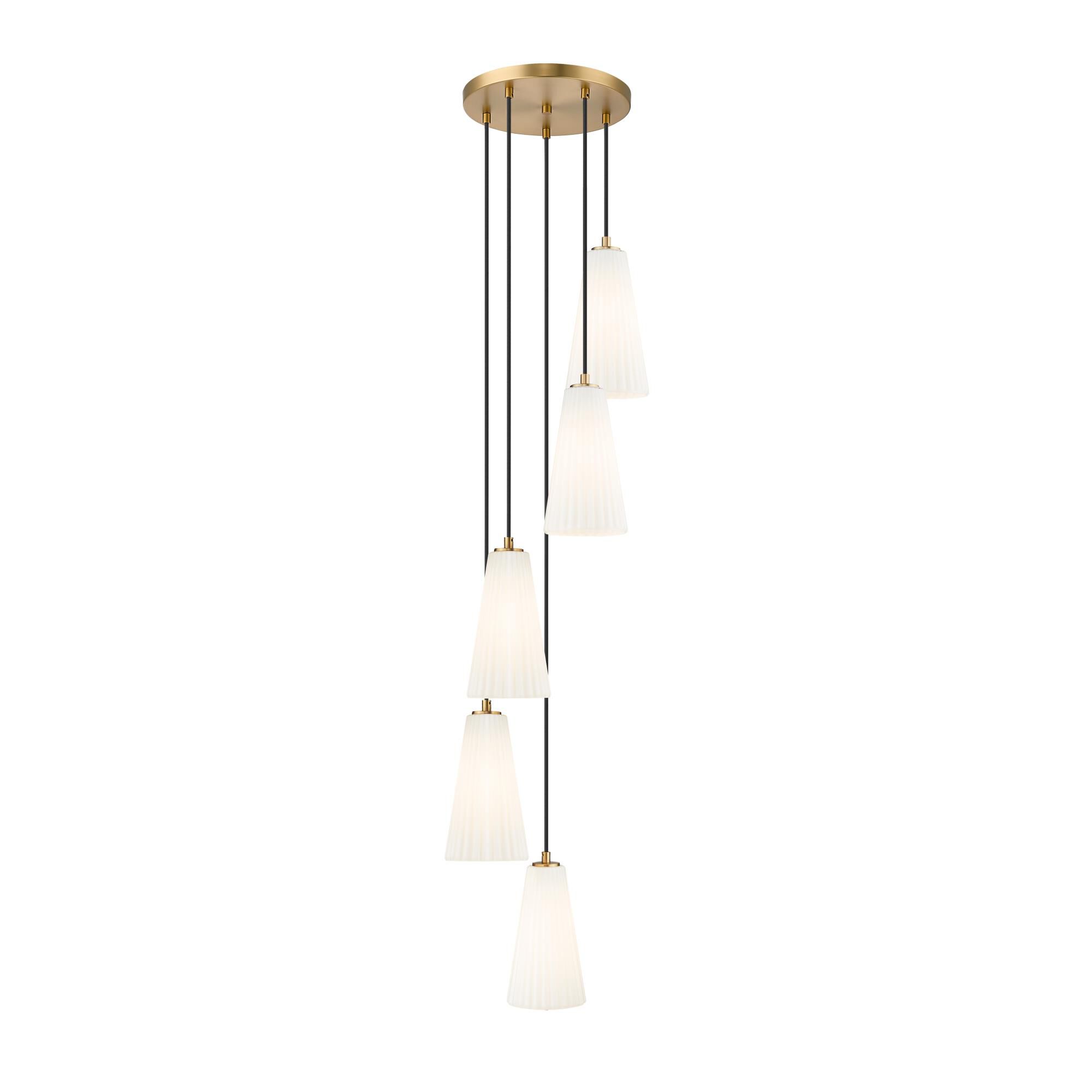 Shown in Modern Gold finish and White glass and White shade