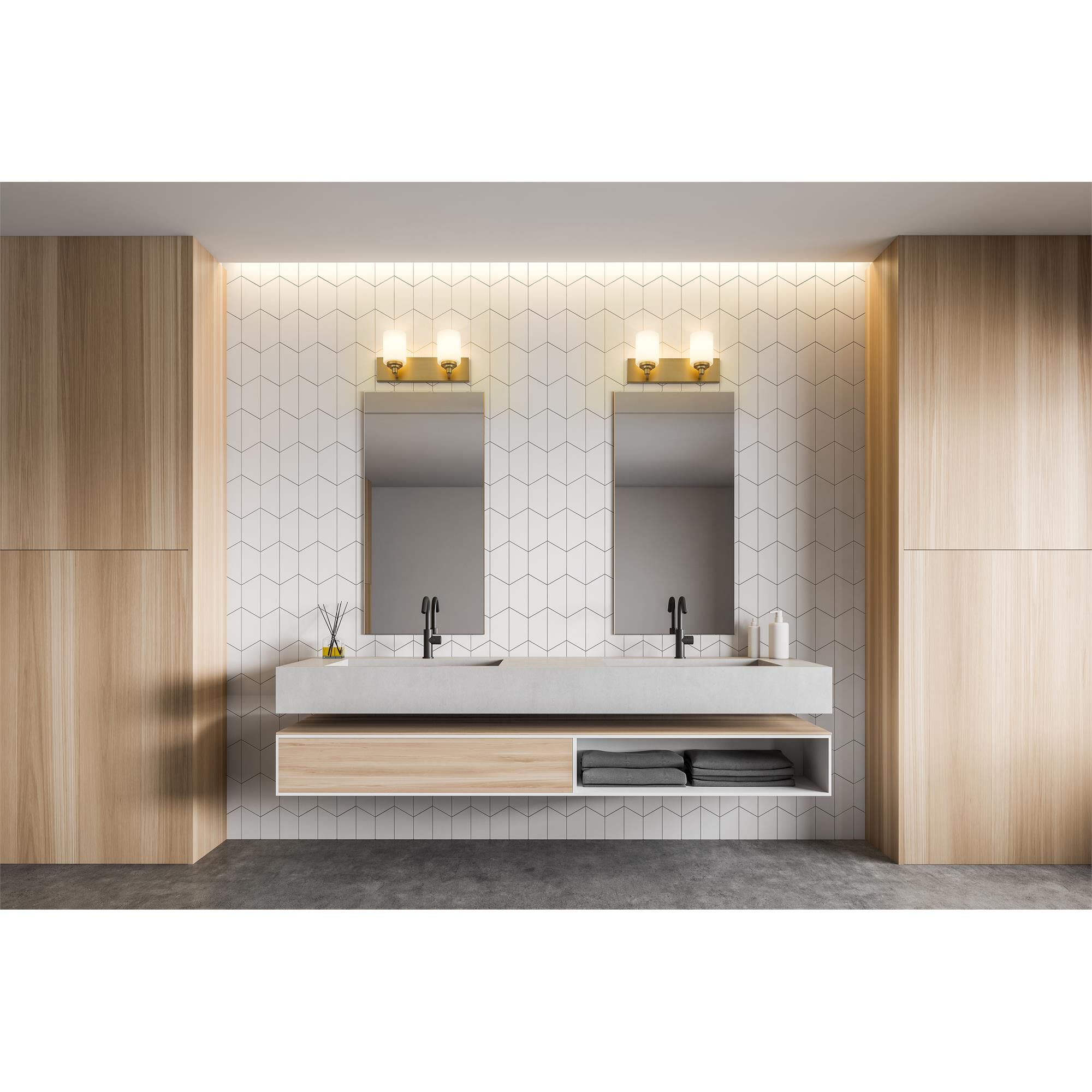 Shown in Brushed Gold finish and White glass