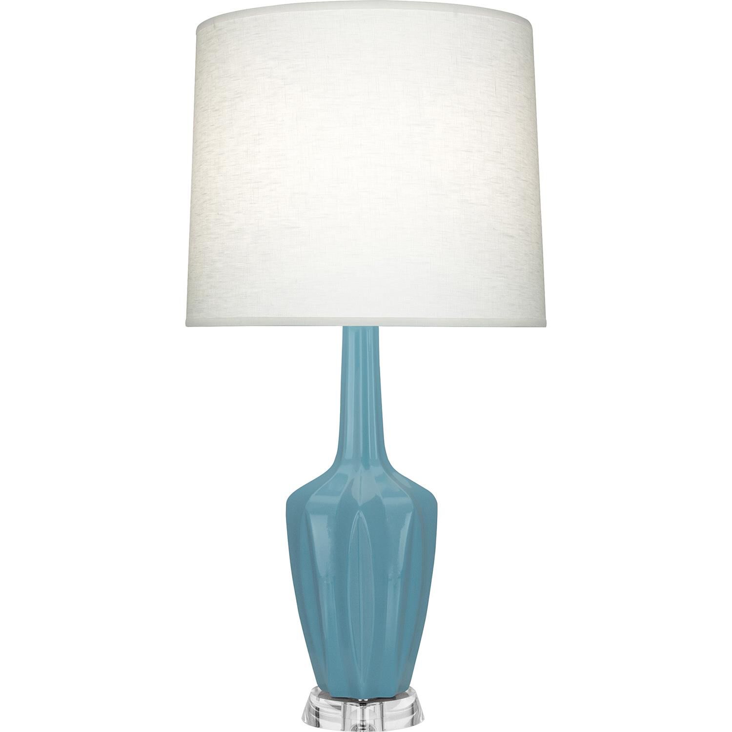Shown in Steel Blue finish and Off White shade and Polished Nickel with Lucite accent