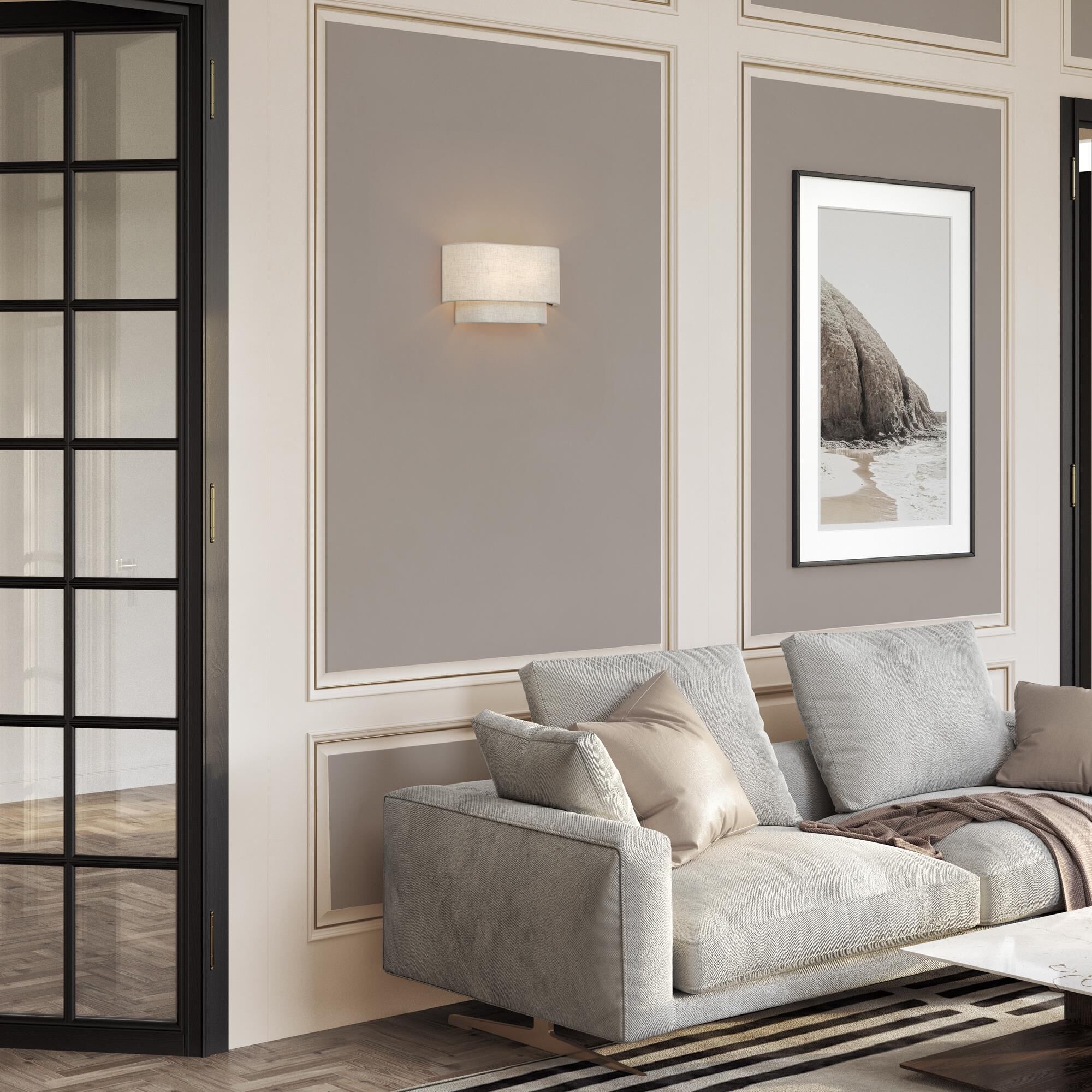 Shown in English Bronze finish and Hand Crafted Oatmeal Color Fabric with White Color Inside shade