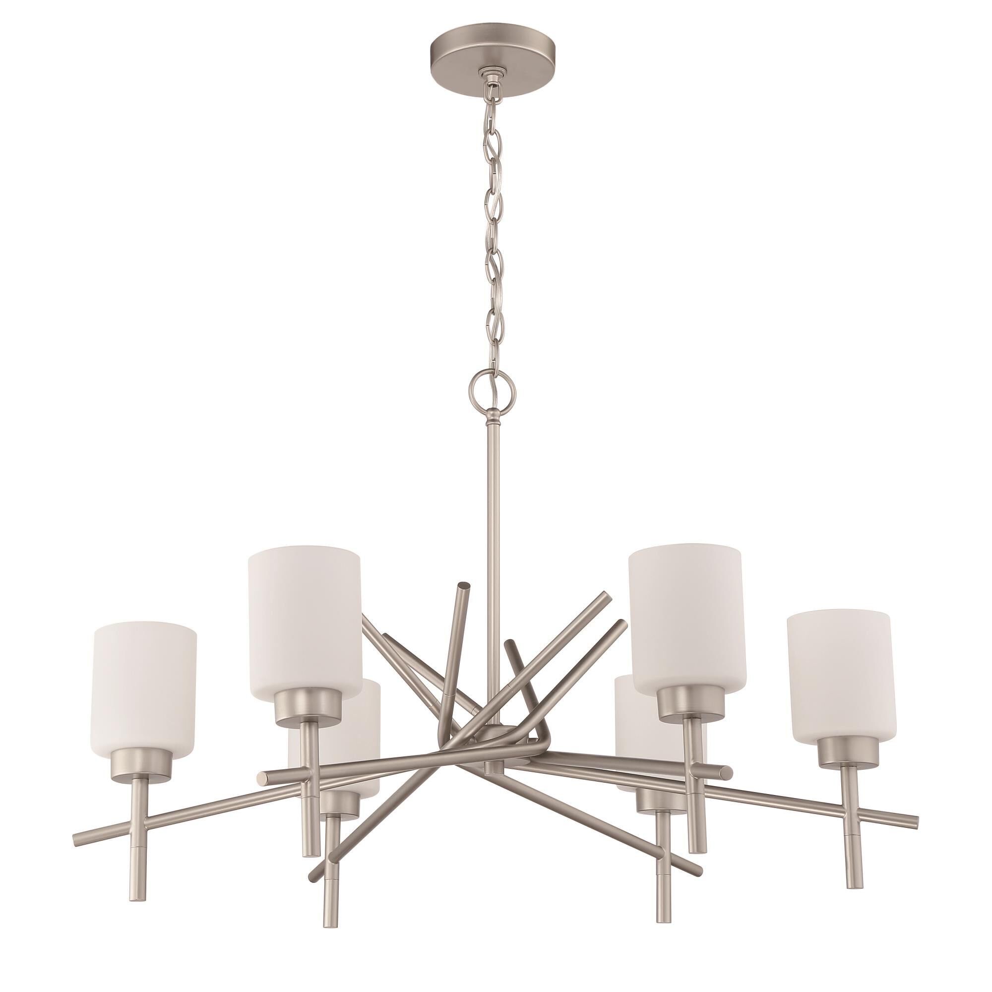 Shown in Satin Nickel finish and White Frosted glass and Glass shade