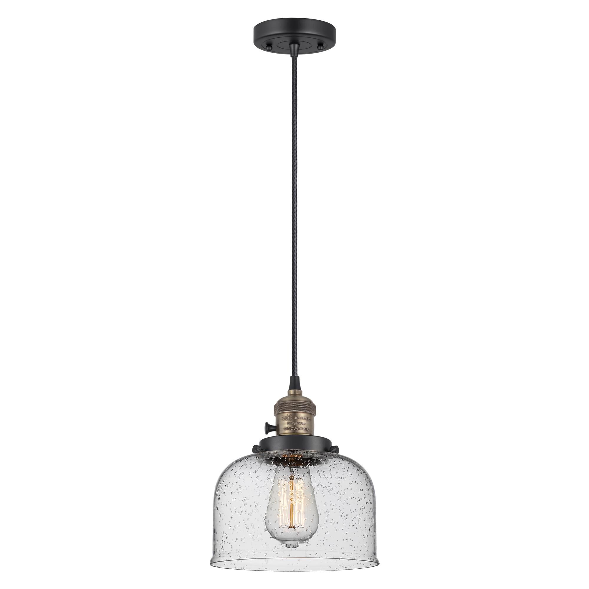 Shown in Black Antique Brass finish and Seedy glass