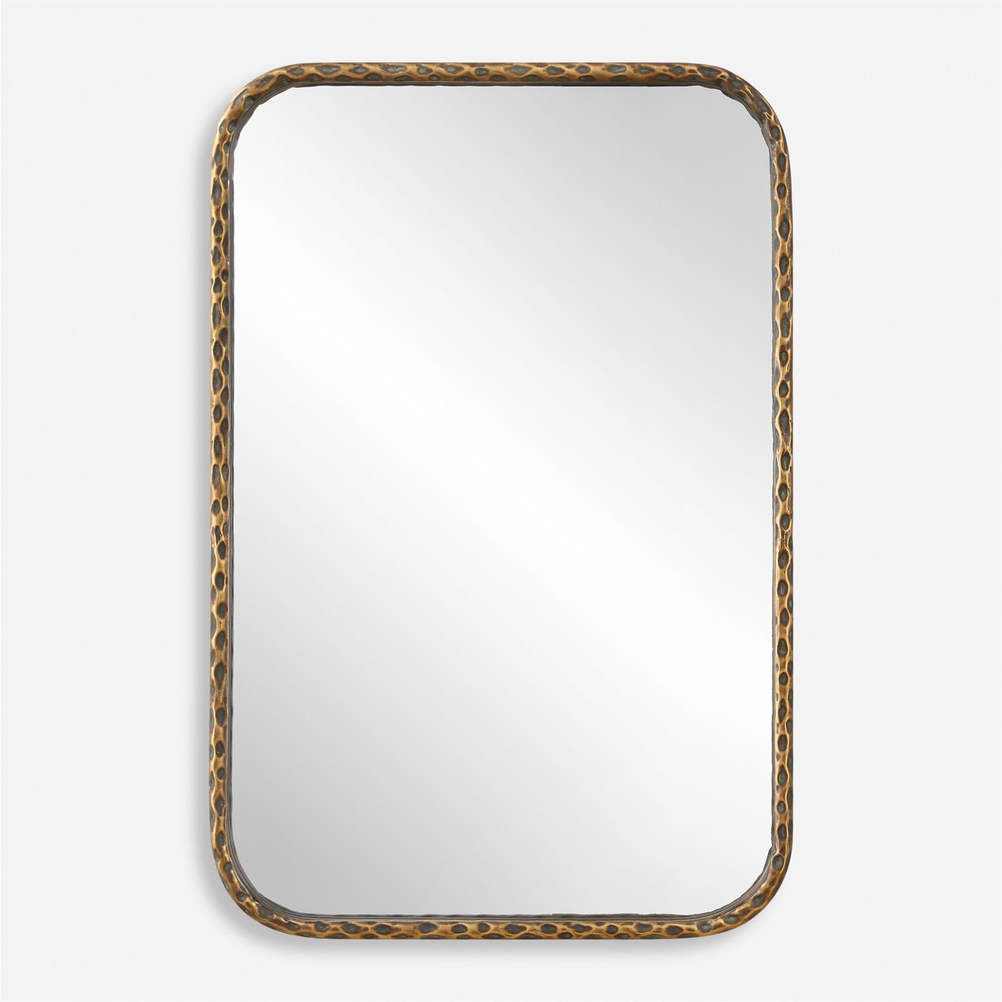 Shown in This Vanity Mirror Features A Hammered Textured Iron Frame Finished In An Aged Bronze With Intricate finish