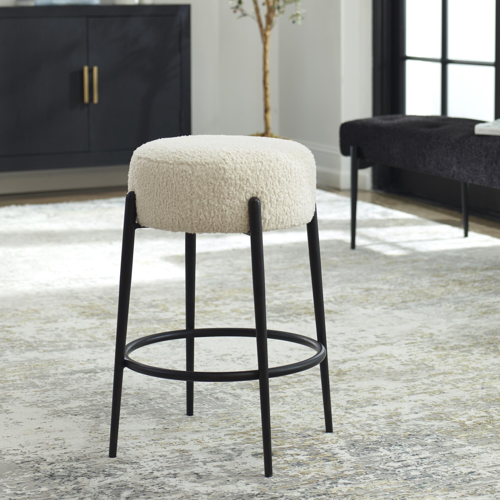 Shown in This Plush Counter Stool Is Covered In A Luxurious White Faux Shearling, Suspended Within Satin Blac finish