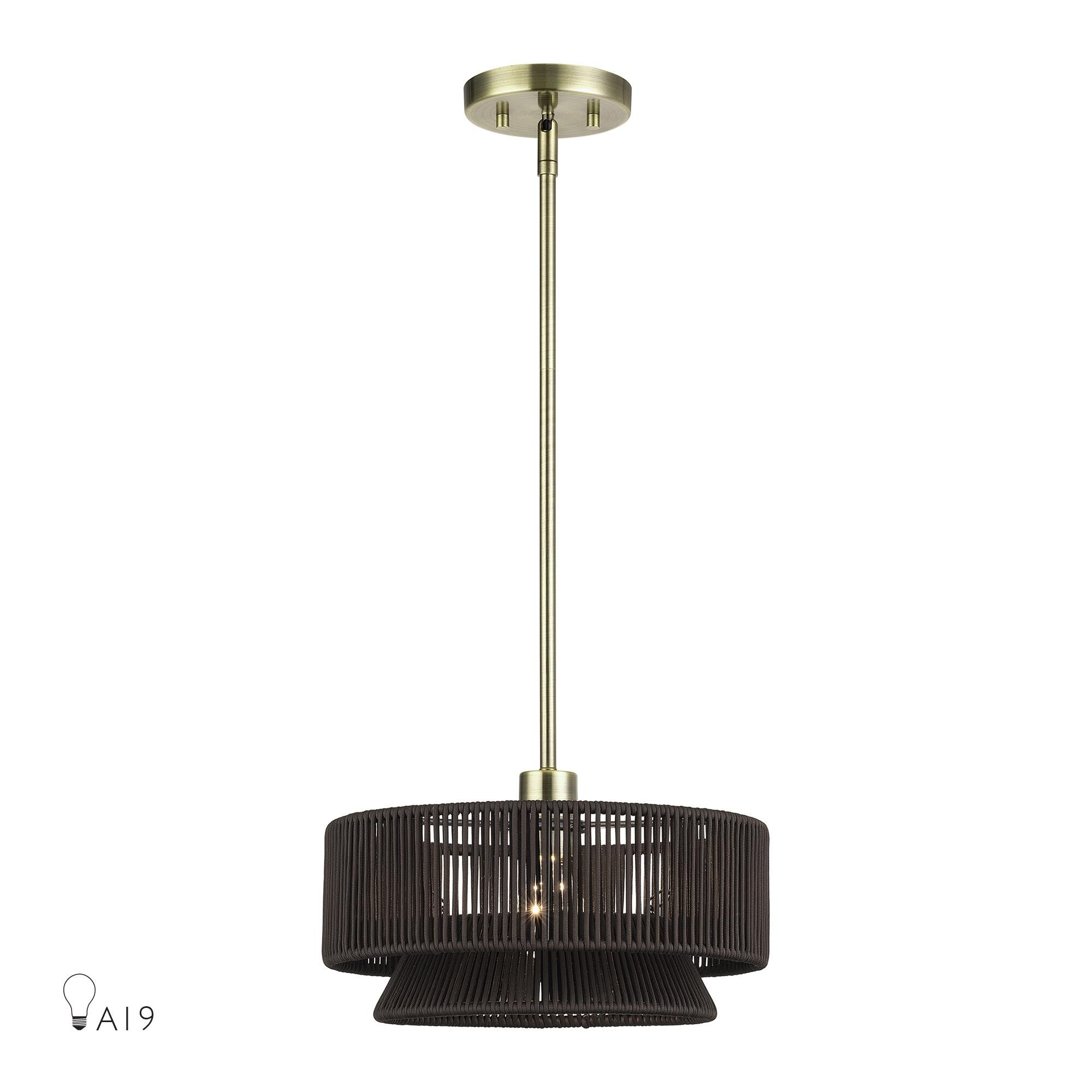 Shown in Antique Brass finish and Hand-Woven Dark Chocolate Color Polyester Rope shade