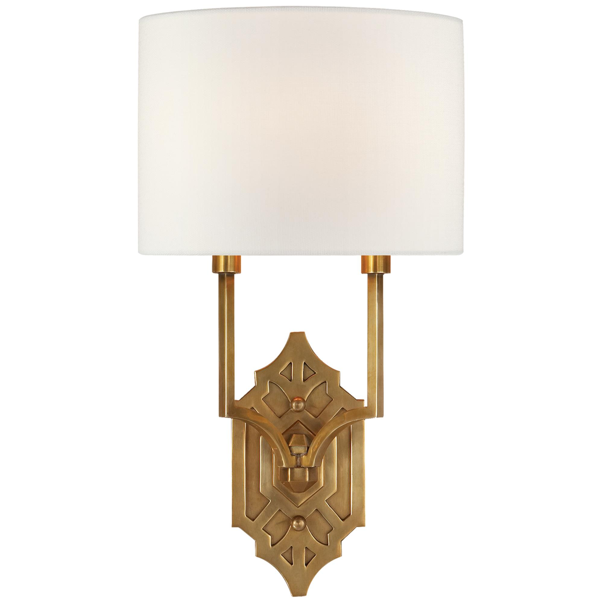 Shown in Hand-Rubbed Antique Brass finish and Linen shade
